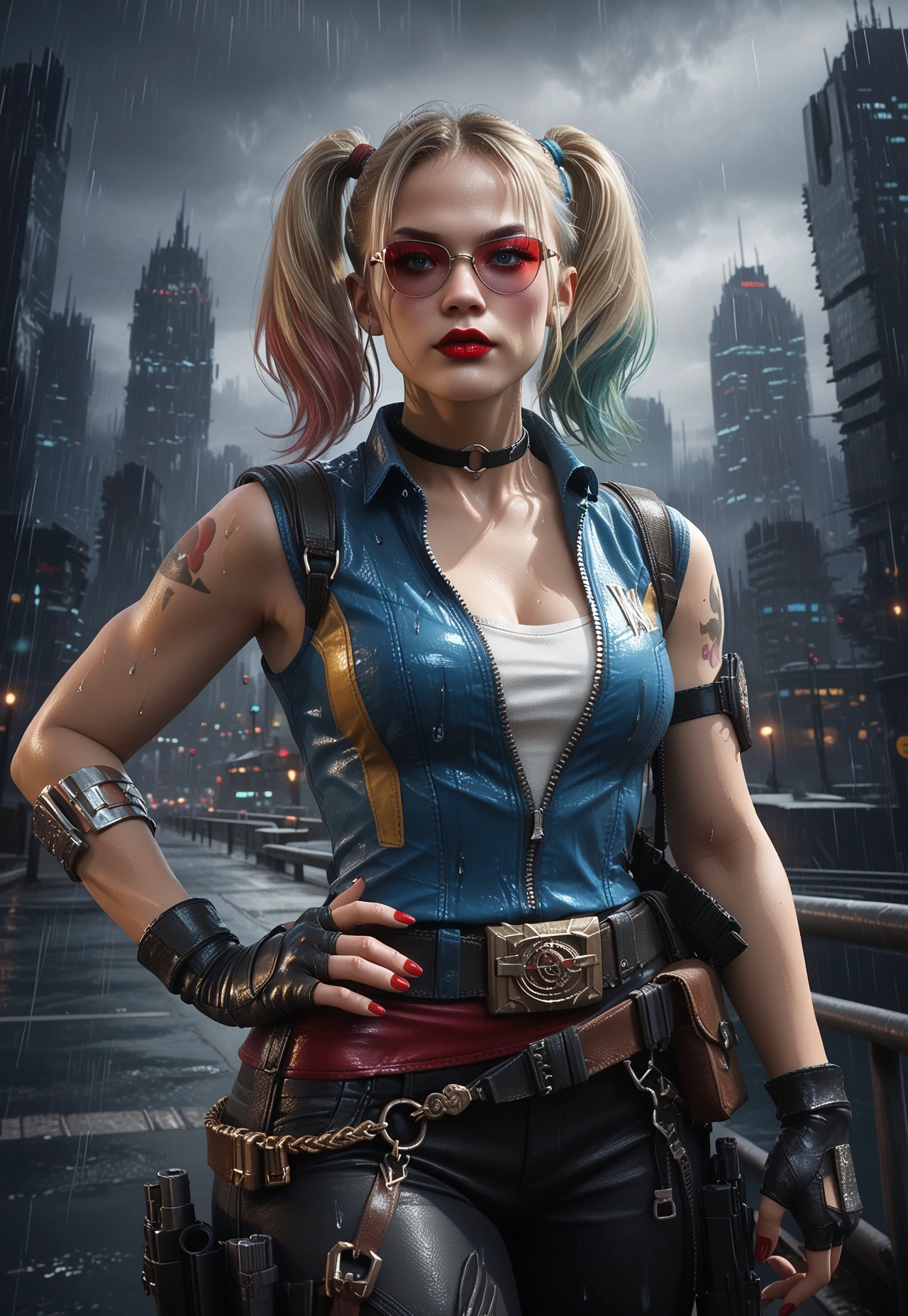 Mortal Kombat Style, 1girl, solo, looking at viewer, blonde hair, gloves, cleavage, twintails, jewelry, medium breasts, sleeveless, choker, black gloves, belt, fingerless gloves, nail polish, hand on hip, gun, tattoo, makeup, sunglasses, lipstick, rain, city, red lips, holster BREAK ,score_9, score_8_up, score_7_up, score_6_up, score_5_up, score_4_up,