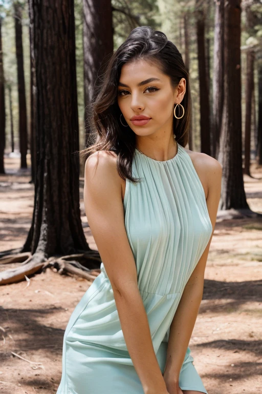 Coral sleeveless shift dress, chiffon, paired with beige wedges and turquoise earrings a breathtaking glamour photo:1.3 of a sexy woman<lora:KristinaStojanovski_V1:1>, enhanced contrast, vivid, 4k, best quality, 35mm, depth of field, ultra high res:1.1),(intricate, photorealistic, masterpiece, ultra-detailed:1.1), clear blue sky, yosemite national park, forest, upper body shot