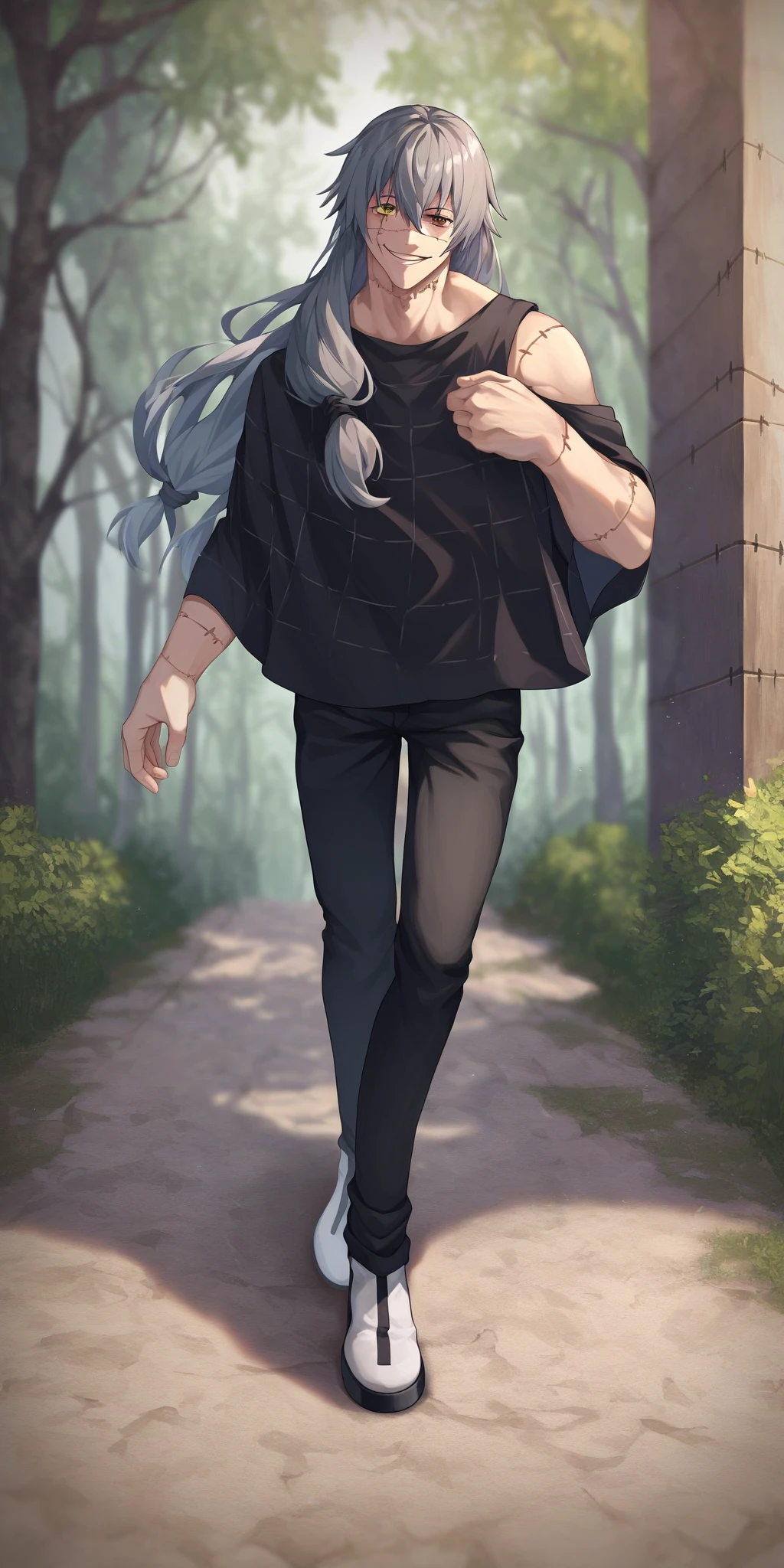 score_9, score_8_up, score_7_up, source_anime, highly detailed, novel illustration, wallpaper, beautiful details, mahito, 1boy, long hair, evil smile, looking at viewer, heterochromia, stitches, scar, patchwork skin, black shirt, black pants, white footwear, full body, walking, outdoors,