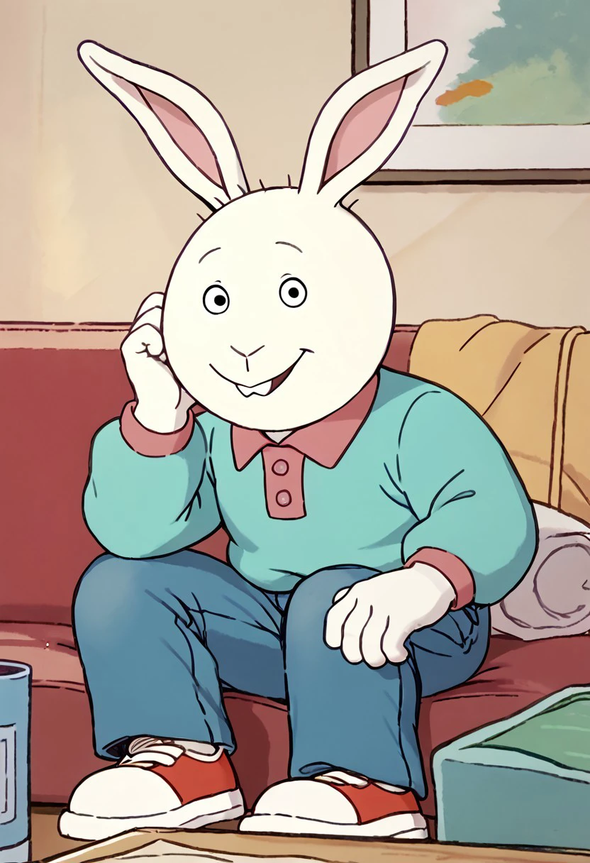 score_9, score_8_up, score_7_up BREAK BusterBax, 1boy, anthro bunny, white fur, white body, black eyes, buckteeth, pink-collared cyan long-sleeved polo shirt, jeans, red white shoes, smiling at viewer,