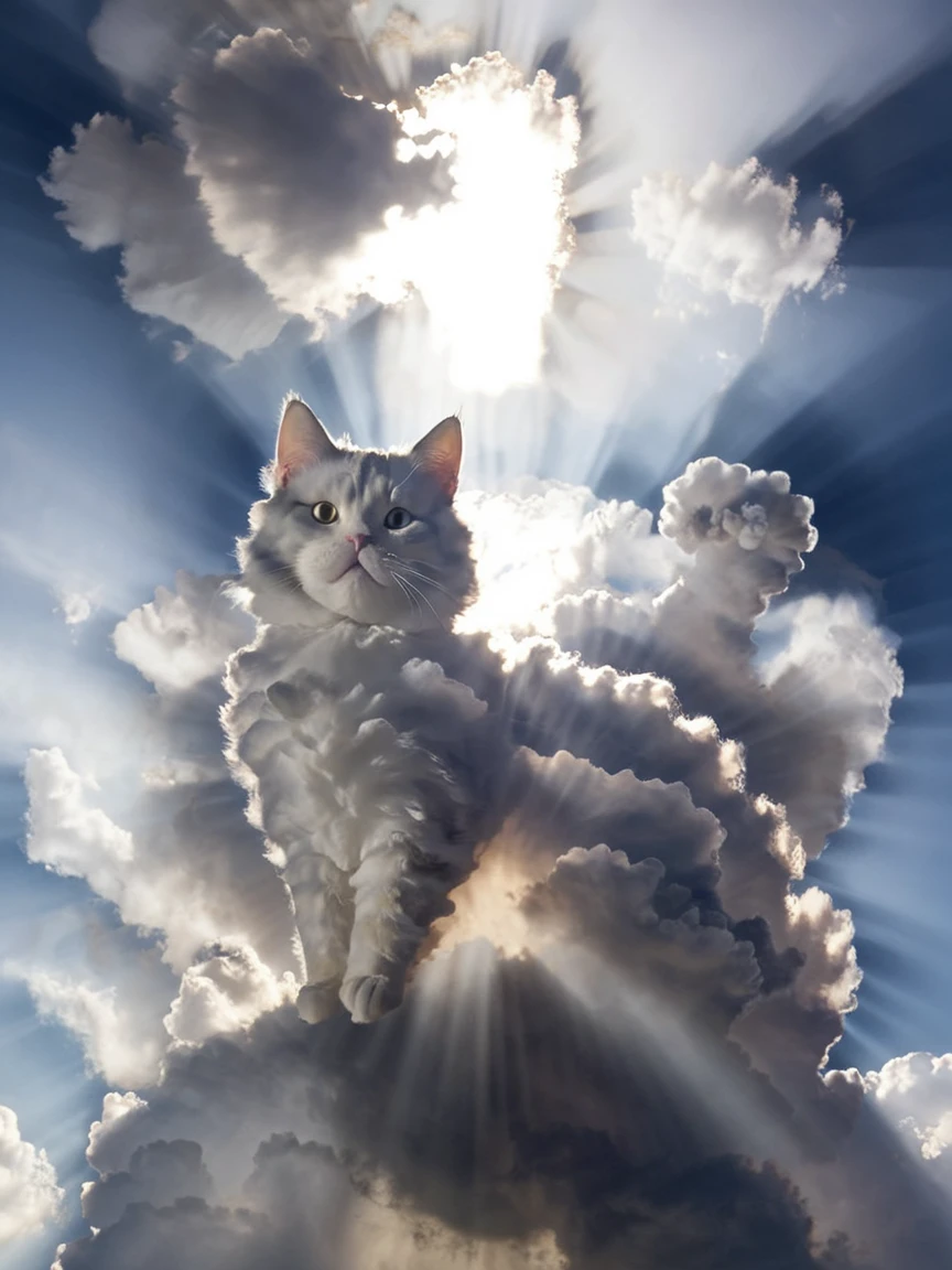 <lora:cloudsXL:1> cat made of clouds, cloud, sky, day, light rays,