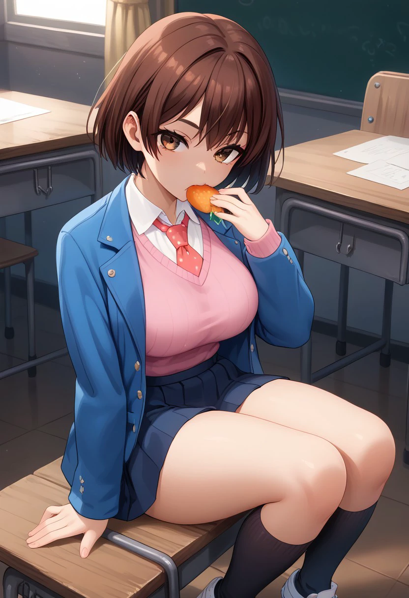 score_9, score_8_up, score_8_up, Expressiveh, godrays, g0thicPXL, glowing, neon, tight detailed clothing, large breasts, pinup pose, seductive pose, dynamic pose,  confused, holding baozi, eating baozi, sitting school desk, 1girl, hinase hotaru, (/A Condition Called Love)/, (ultra HD quality details), dark brown hair, short hair, (brown eyes), shirt, collared shirt, white shirt, jacket, blue jacket, skirt, gray, skirt, pleated skirt, red necktie with white polka dot, sweater, pink sweater, socks, navy socks, white sneakers