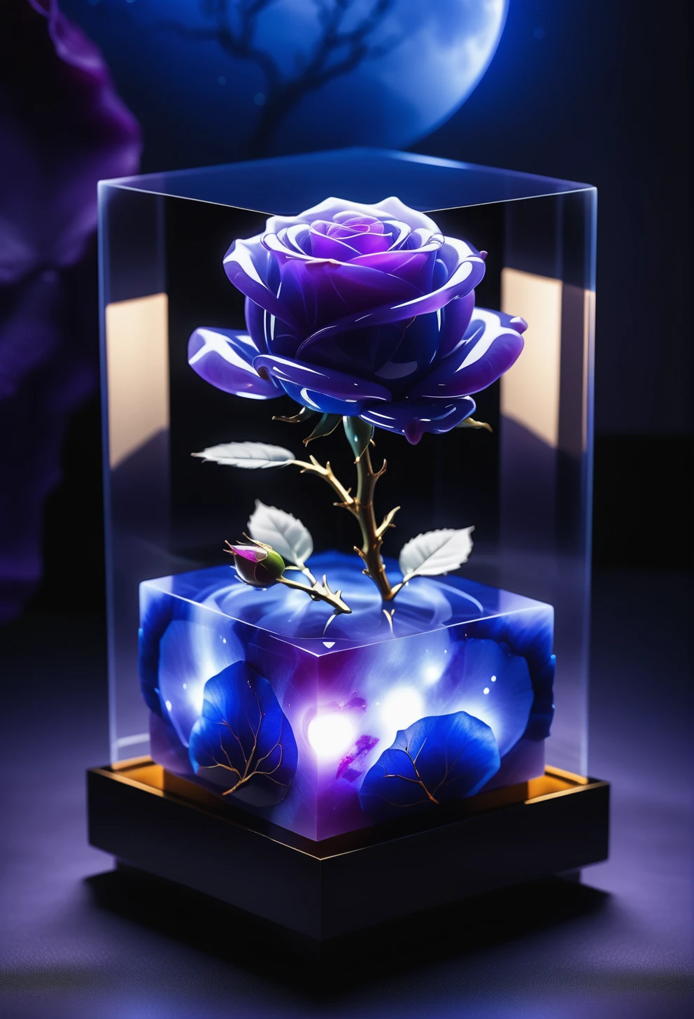 1 blue rose made out of reij-prplmnjd <lora:purplemoonjade-000004:1>,inside a cube, magical moonlight scenery, cinematic scenery