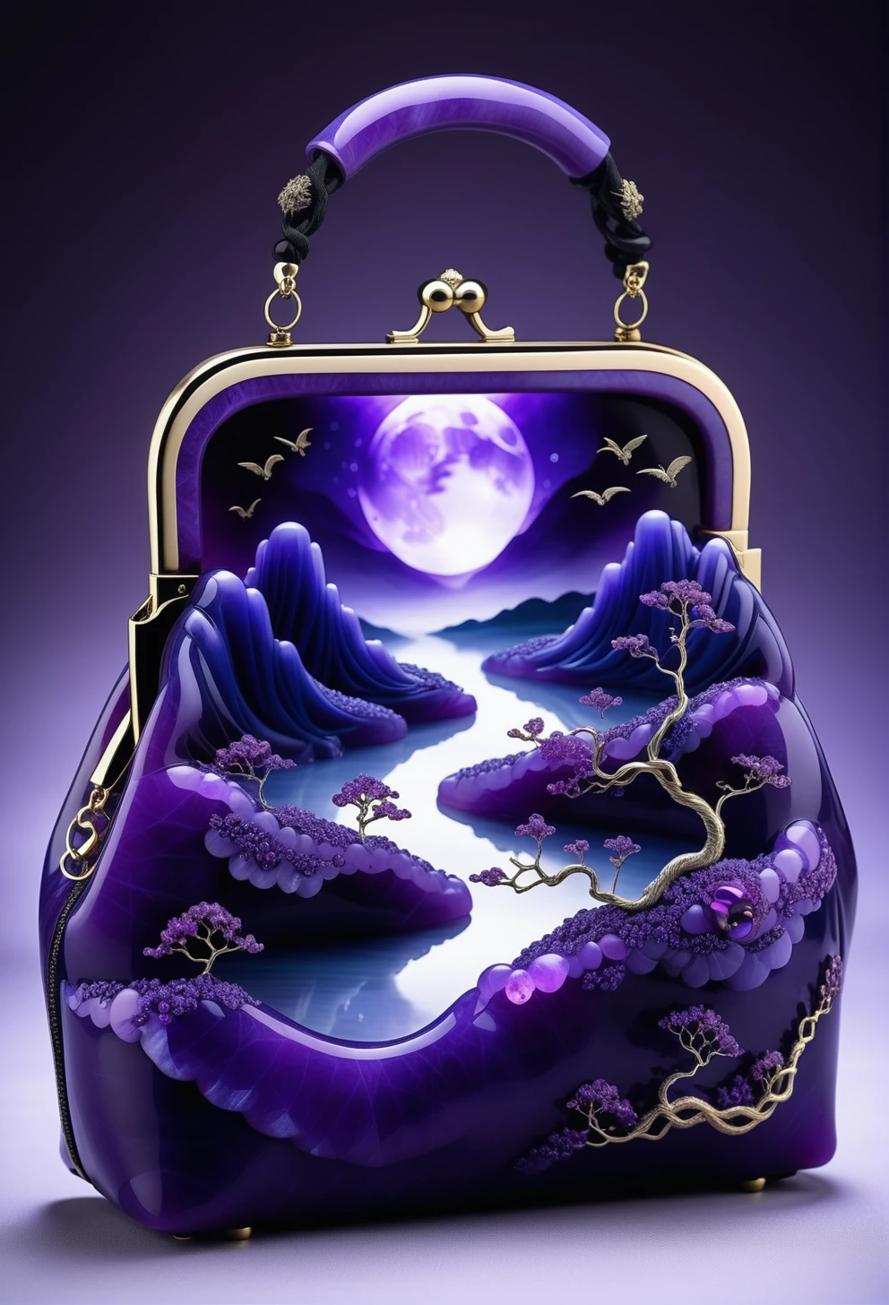 a Haute Couture purse made out of reij-prplmnjd   <lora:purplemoonjade-000004:1>, Tattoo ink of a masterpiece, landscape of a Verdant Fields of the Harvest Festival, digital manipulation, flowing, highly decorated, intense, ambient atmosphere, stunning