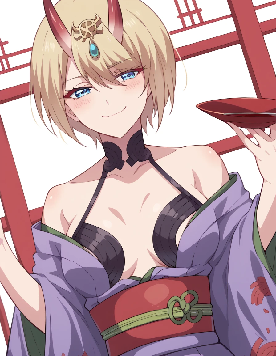 score_9, score_8_up, score_7_up, source_anime, <lora:akane-hououji-s1-ponyxl-lora-nochekaiser:1>, akane hououji, short hair, bangs, blue eyes, blonde hair, hair between eyes,, <lora:shuten-douji-cosplay-ponyxl-lora-nochekaiser:1>, shutendoujicosplay, shuten douji (fate) (cosplay), skin-covered horns, sakazuki, purple kimono, revealing clothes, open kimono, sake, oni, kimono, breasts apart, wide sleeves,, dojo, blush, smile, smug,, , cowboy shot, dutch angle