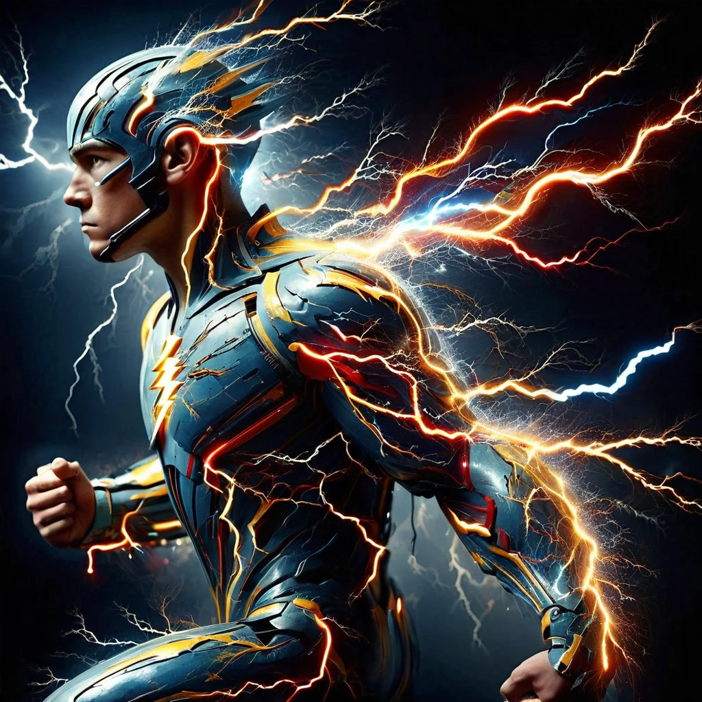 lthndrtrl, young man made of lighting thunder trails , golden and blue and red and yellow and purple lightning thunder trails