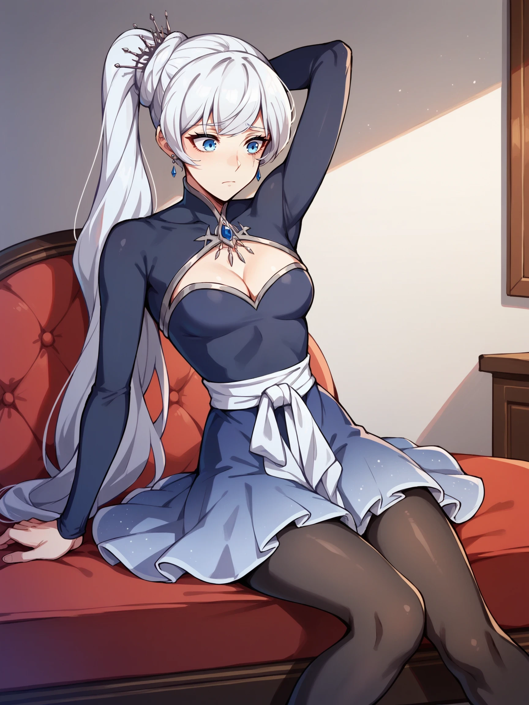 Lounging with one hand behind the head, Sad, downturned mouth, drooping eyelids, and furrowed brow, indoors, WeissSchnee, 1girl, white hair, blue eyes, long hair, side ponytail, scar across eye, score_9, score_8_up, score_7_up, source_anime, Masterpiece,

, WeissVol4Huntress, pantyhose, jewelry, earrings, dress, cleavage cutout, shoes