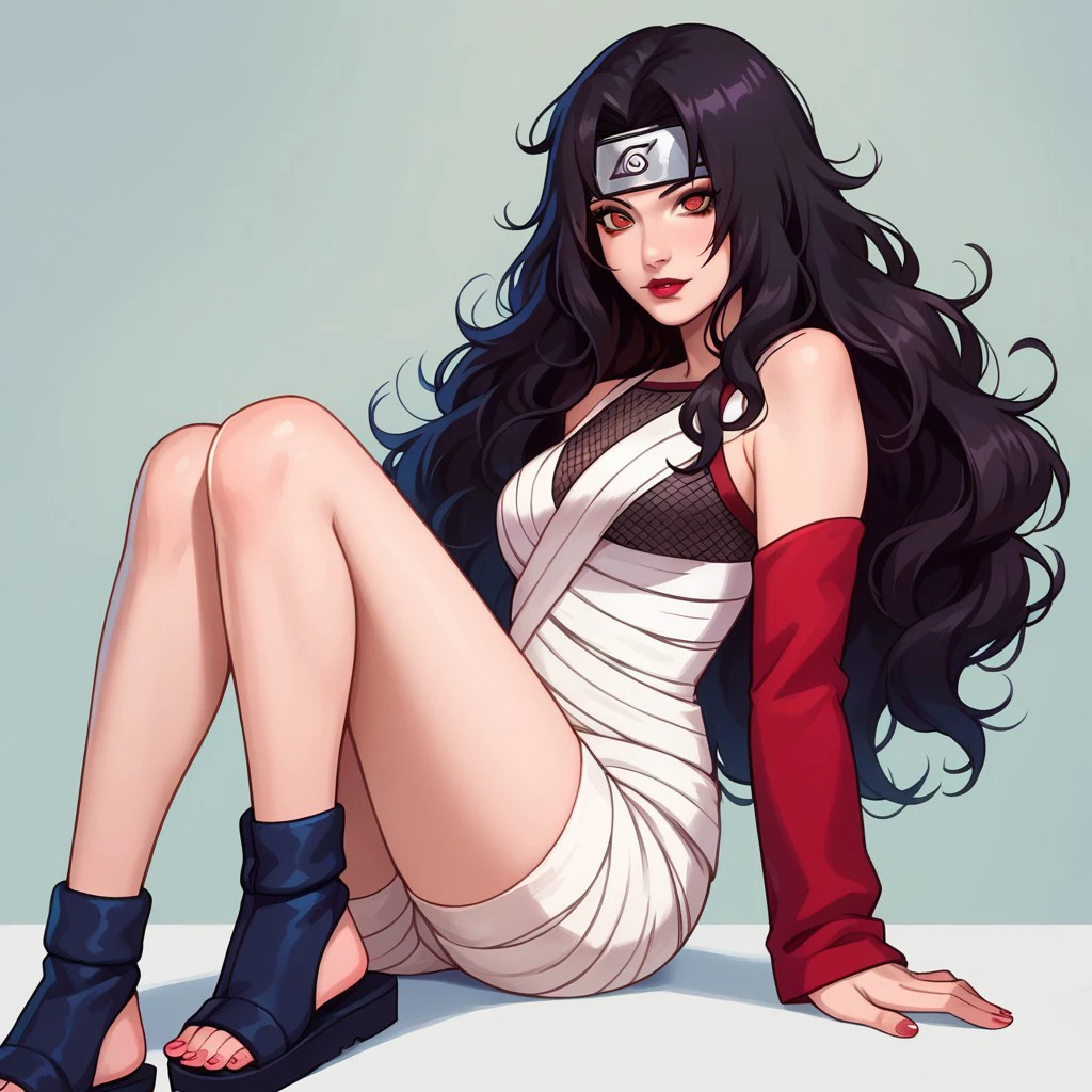 score_9, score_8_up, score_7_up, score_6_up, score_5_up, score_4_up, 1girl, slim, fit, realistic, beautiful eyes, kurenai, (/Naruto)/, (ultra HD quality details),  black hair, wavy hair, long hair, (red eyes), lipstick, makeup, white dress, Sarashi, single sleeve, fishnet top, shorts, bandages, bandaged arm, bandaged leg, white shorts, sandals, toeless footwears, mouth opened, hiding, focusing on colorful beetle, portrait,