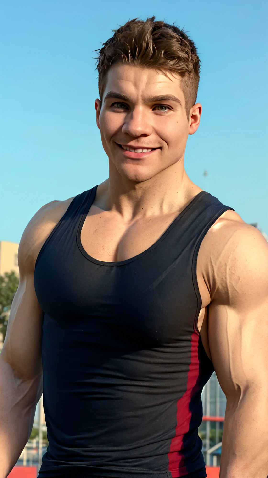 (face focus). (masculine:1.3), large strong physique:1.0, at outdoor sunny park, (muscular man wearing tight tank top:1.2), sexy pose:1.0, styled hair, confident, handsome, (((masterpiece))), (((best quality))), male, athletic, looking at viewer, (short hair), lower color saturation:1, lower contract color:1, smile, <lora:MichaelCosplayerHamm (1):1> MichaelCosplayerHamm