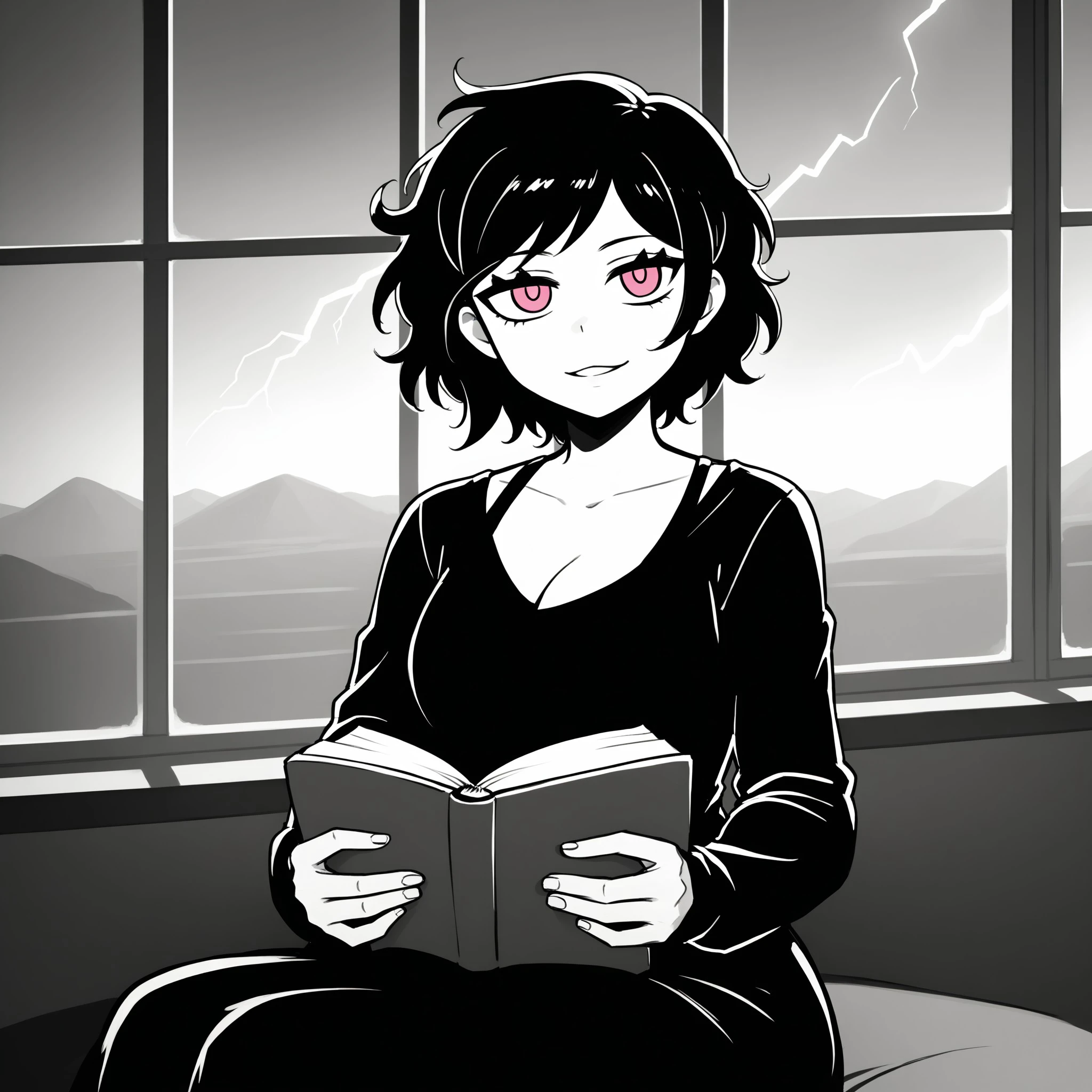 masterpiece, best quality, illustration, intricate details, 1girl, Ashley, monochrome, pink eyes, black hair, sitting by a window on a stormy night, lightning illuminating her thoughtful face, holding an old mysterious book, detailed background, moody ambiance, <lora:c436d36d-fd91-49d0-93d6-2c06ae5ade6d:0.7>