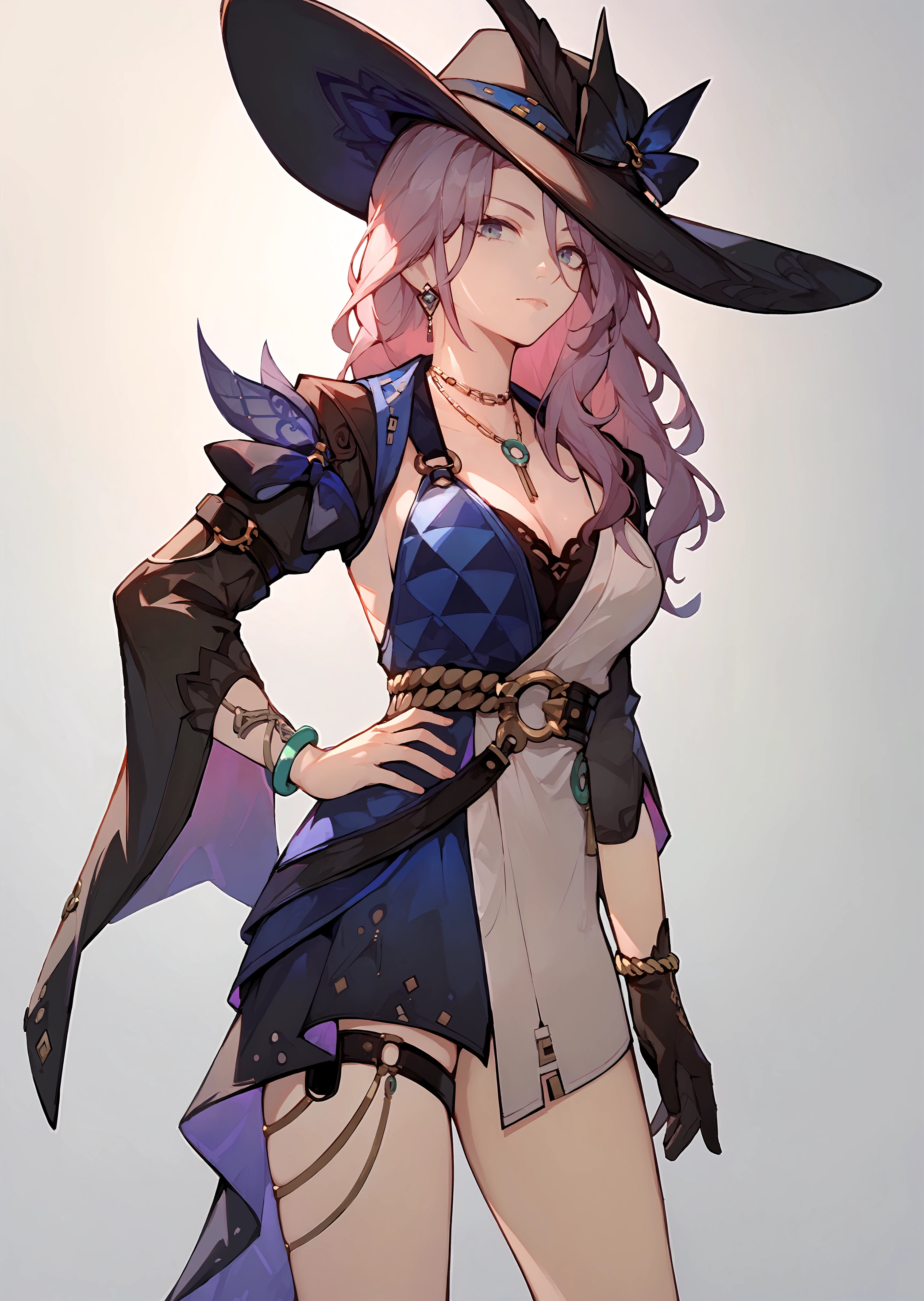 (score_9, score_8_up, score_7_up), 1girl, jade, black brim hat, necklace, bangle, single glove, thigh strap, cowboy shot, gradient background, closed mouth, hand on own hip, <lora:jade-strPO-v1a-000008:0.9>