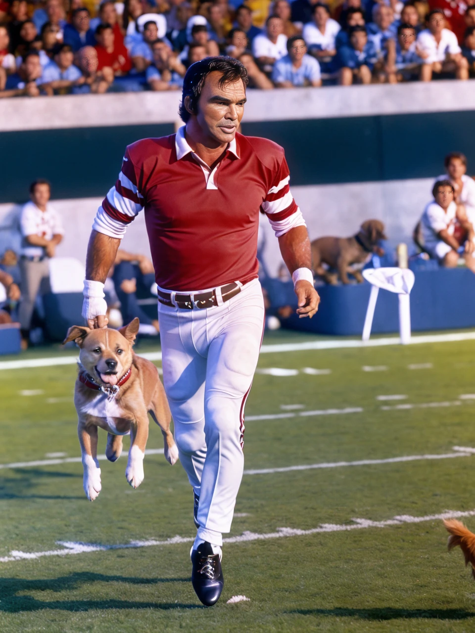 <lora:BurtReynolds:1> burt reynolds playing with a dog at a football game, 4k, raw, masterpiece