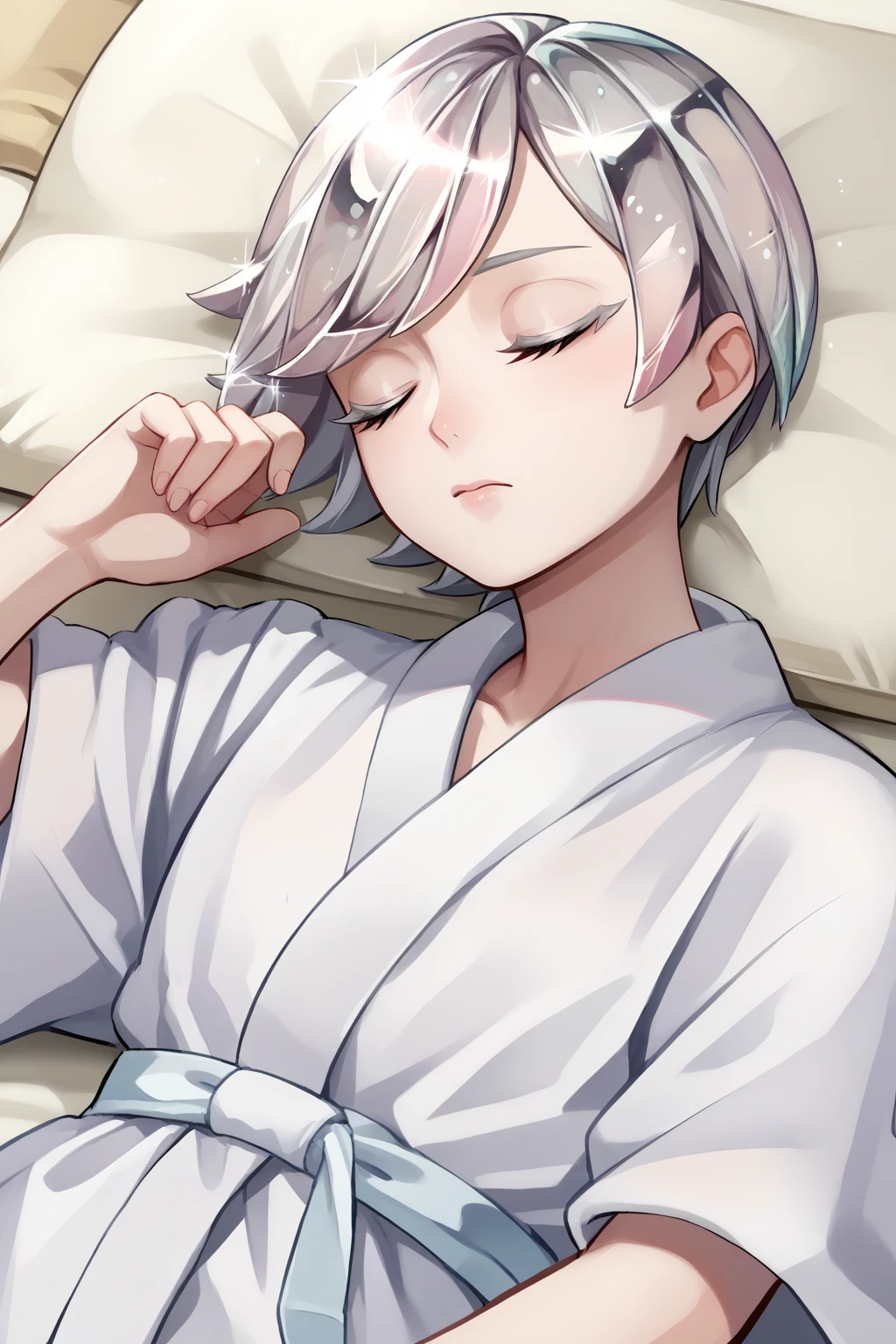 score_9, score_8_up, score_7_up, source_anime, closed eyes, hskgst, white skin, crystal hair, short hair, swept bangs, grey hair, grey eyes, colored eyelashes, white bathrobe, sleeping, <lora:Hoseki_HousekiNoKuni_Goshenite_PDXL_v1:1>