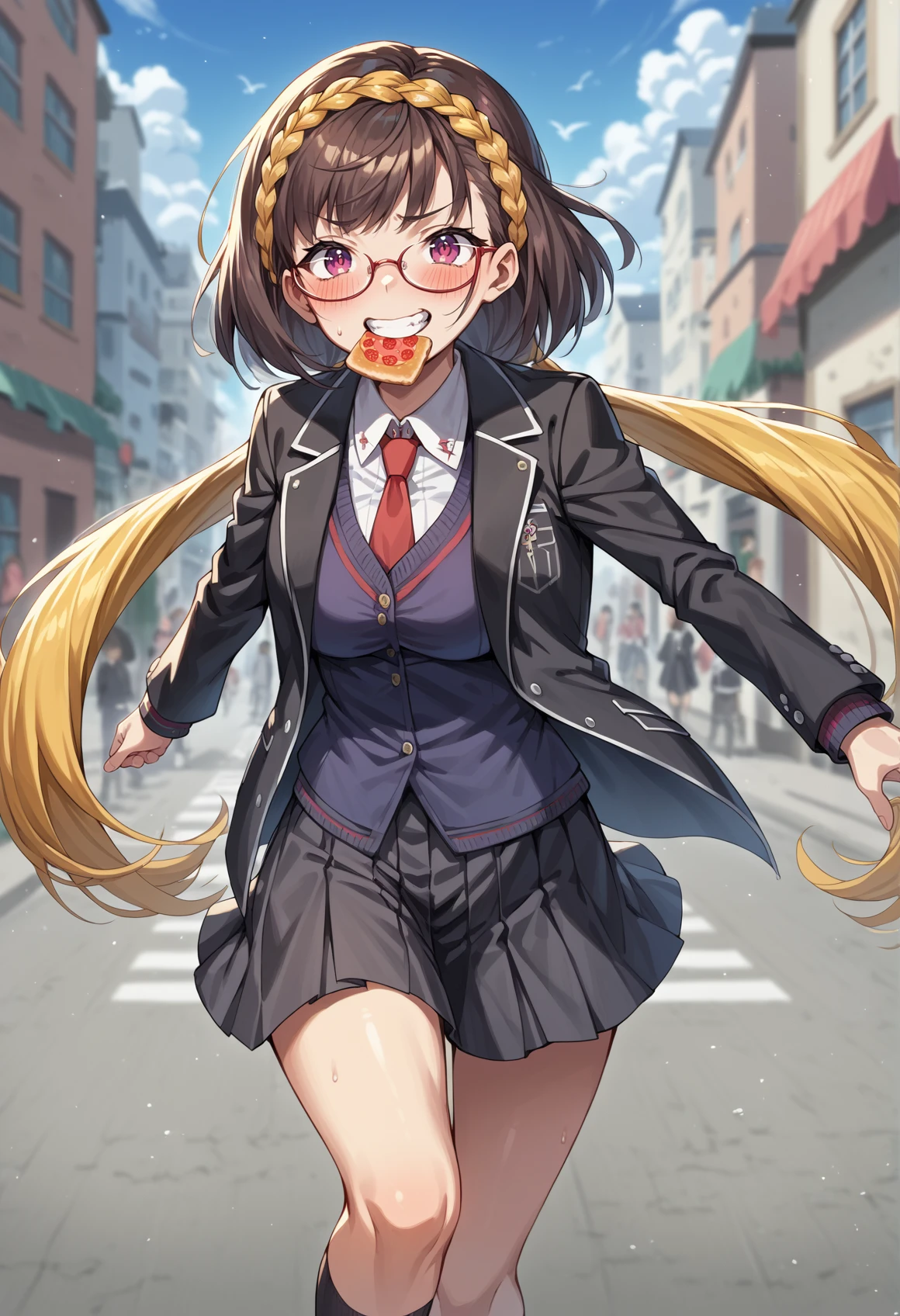 1girl, very long hair, multicolored hair, brown hair, blonde hair, purple eyes, low twintails, braid, school uniform, red necktie, White shirt, blue vest, black jacket, black skirt, glasses, blushing, running, city, toast in mouth, toast, mouth hold, grin, blush <lora:Osakabehime:1>, score_9, score_8_up, score_7_up, score_6_up, score_5_up, score_4_up, BREAK source_anime, masterpiece