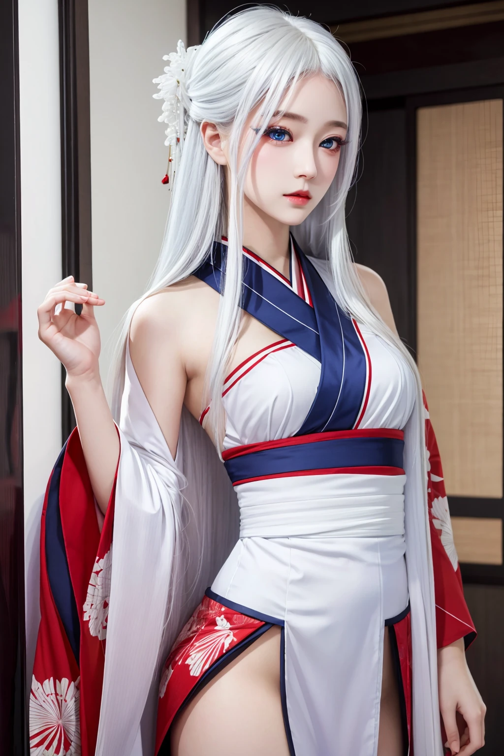 masterpiece,best quality,1girl,women,solo,hips up,upper body,closed mouth,red kimono,long white hair,blue eyes,<lora:more_details:0.3>,<lora:narakazaiji1:0.6>,