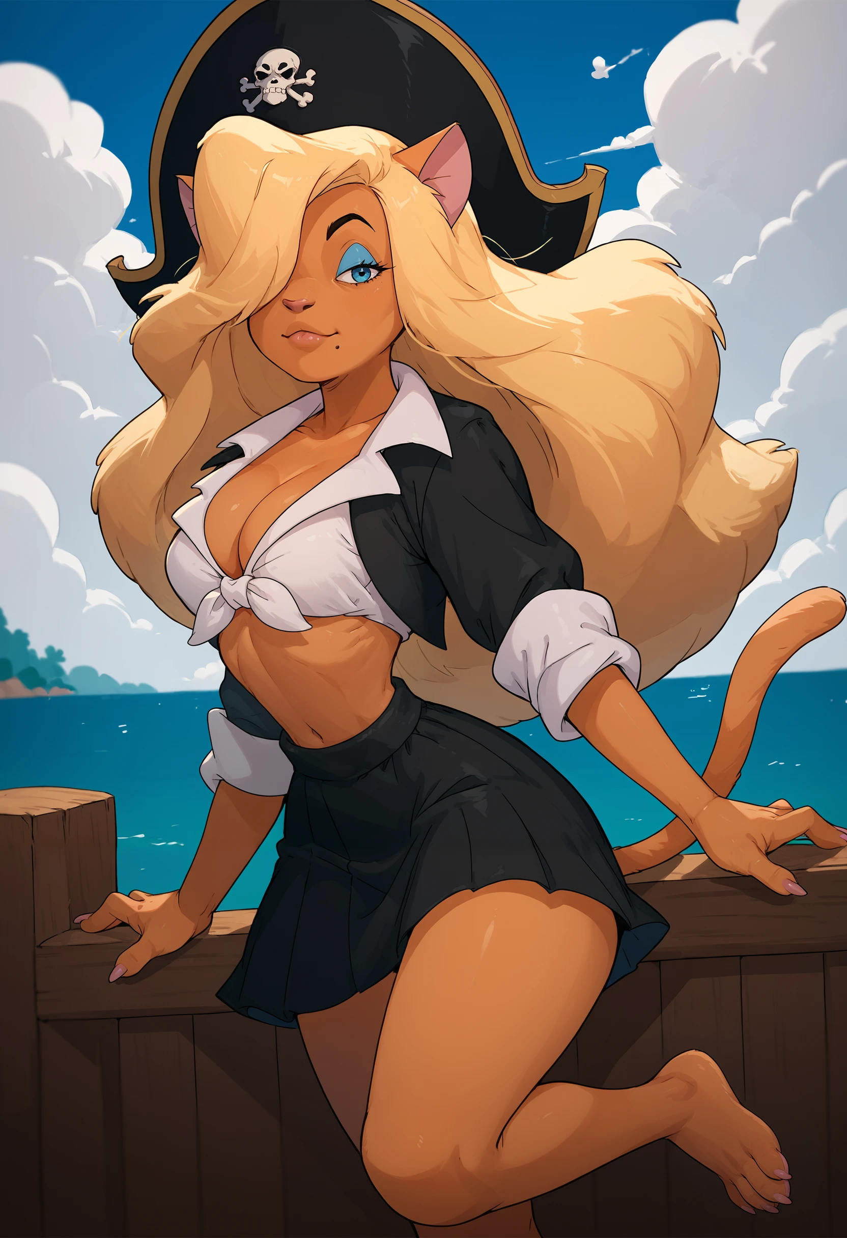 <lora:KittenKaboodle_PonyXL_v1:1>, score_9, score_8_up, score_7_up, rating_questionable, source_furry, solo, kitten kaboodle, cat humanoid, blonde hair, makeup, blue eyes, mole \(marking\), pirate outfit, pirate hat, cleavage, tail, hair over eye, dynamic pose