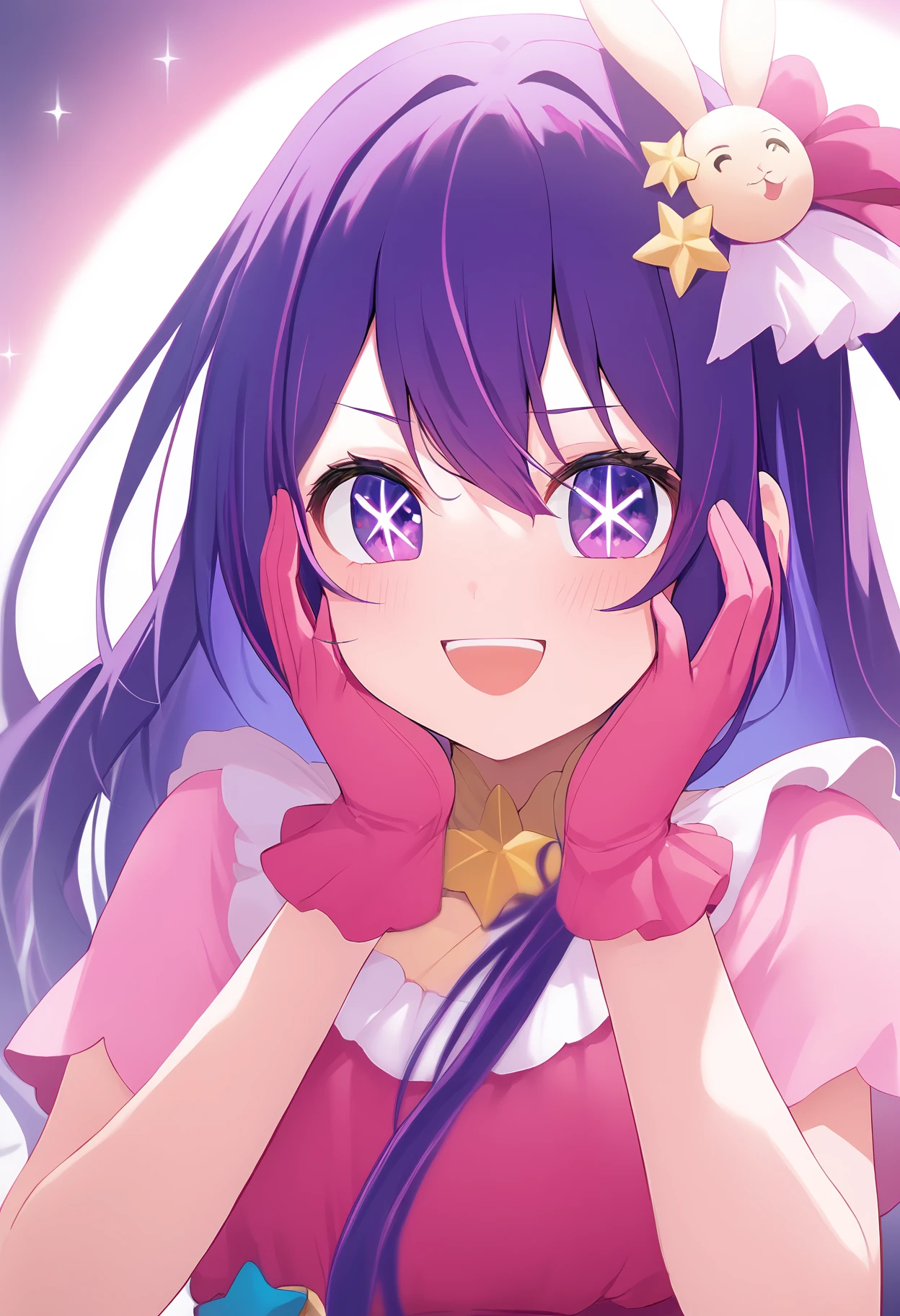 1girl, 
hoshino ai \(oshi no ko\),  
solo, star-shaped pupils, looking at viewer, sidelocks, upper teeth only, star in eye, pink dress, purple hair, smile, gloves, hands on own cheeks, symbol-shaped pupils, blurry, rabbit hair ornament, long hair, purple eyes, symbol in eye, hands on own face, hair ornament, heart, pink gloves, idol, star hair ornament, open mouth, dress, sparkle, frilled gloves, :d, star \(symbol\), frills, teeth, hair between eyes, blush, 
score_9,  sfw
 <lora:pony_char_hoshino_ai_(oshi_no_ko)-000004:1>