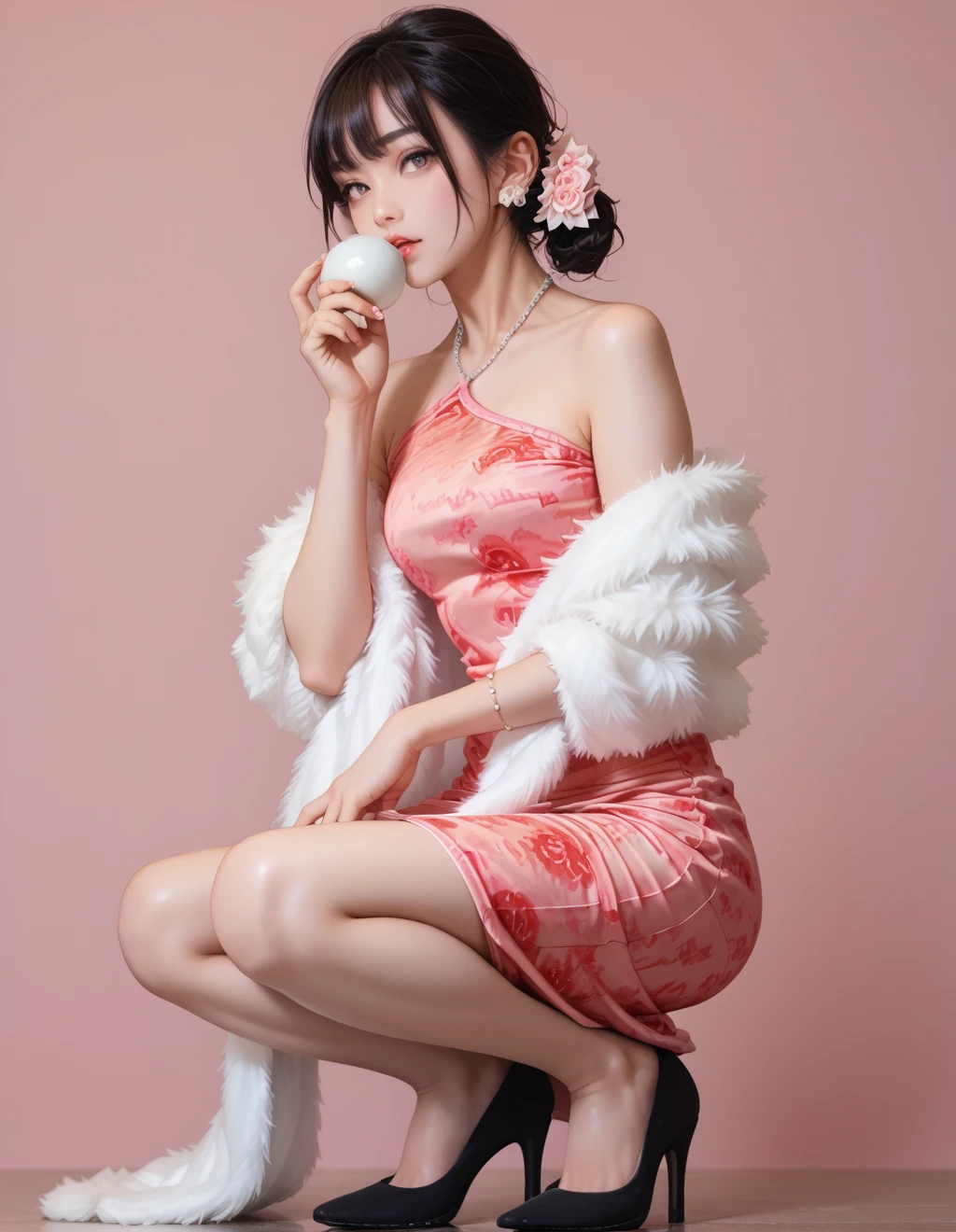 score_9,score_8_up,score_7_up,solo,pink background,crossover,china dress,pink skirt,<lora:future-0713:1>,squatting,