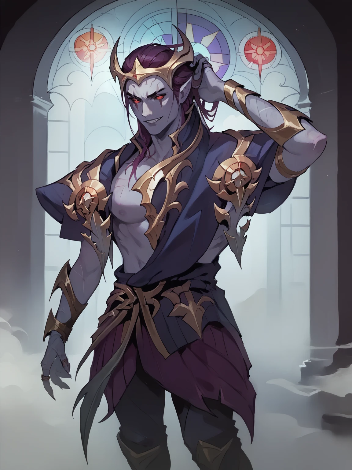 score_9, score_8_up, score_7_up, BREAK, ApheliosNB, 1man, solo, purple hair, golden horned crown, red marks under eyes, purple robe with golden armor, two scarfs on shoulders, golden bracer, dark pants, dark boots, Concept Art, hands in hair, looking away, grin, castle, stained glass, red fog around, <lora:ApheliosNB:1> <lora:Concept Art Twilight Style SDXL_LoRA_Pony Diffusion V6 XL:1>