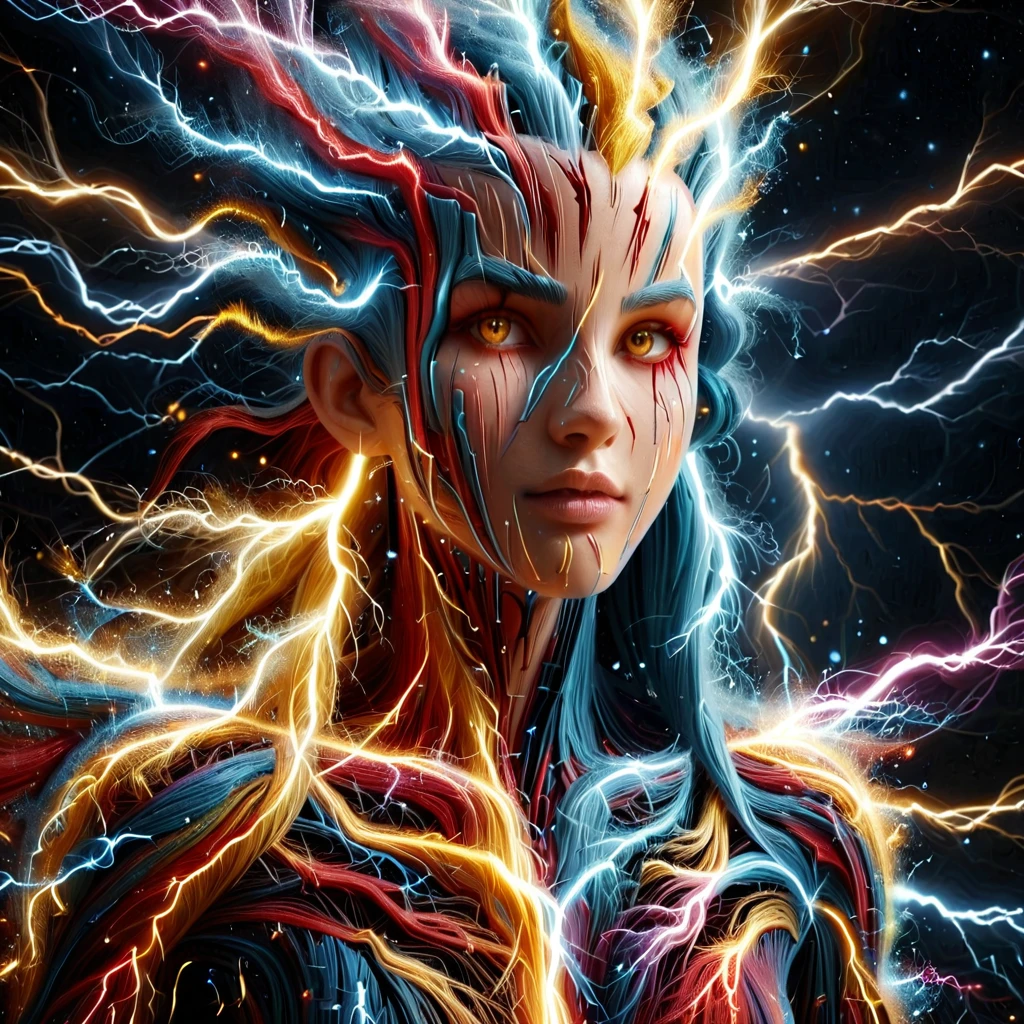 lthndrtrl, young woman made of lighting thunder trails, full face,,half body, long thunder hair, golden and blue and red and yellow and purple lightning thunder trails