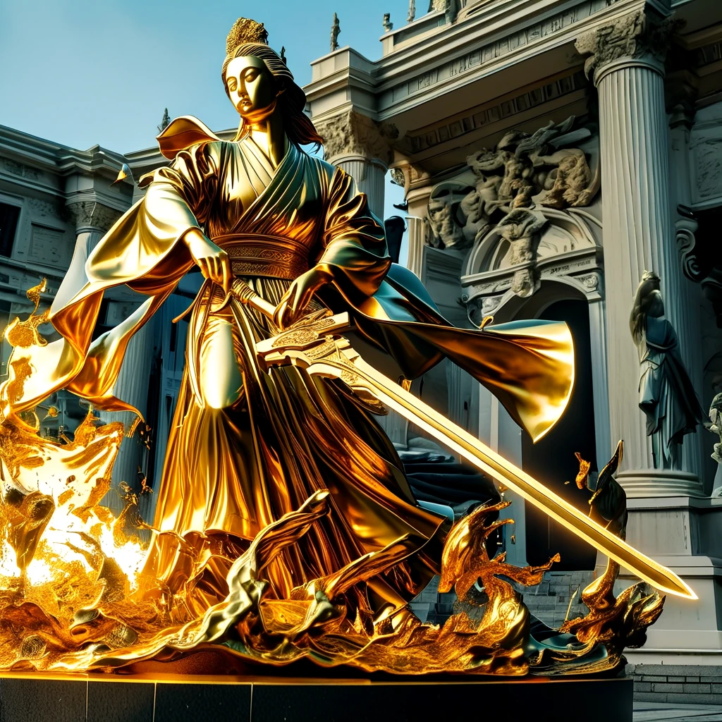 <lora:hands_of_midas_SDXL:0.5>, statue, gold, long_sleeves, standing, fighting with flame sword