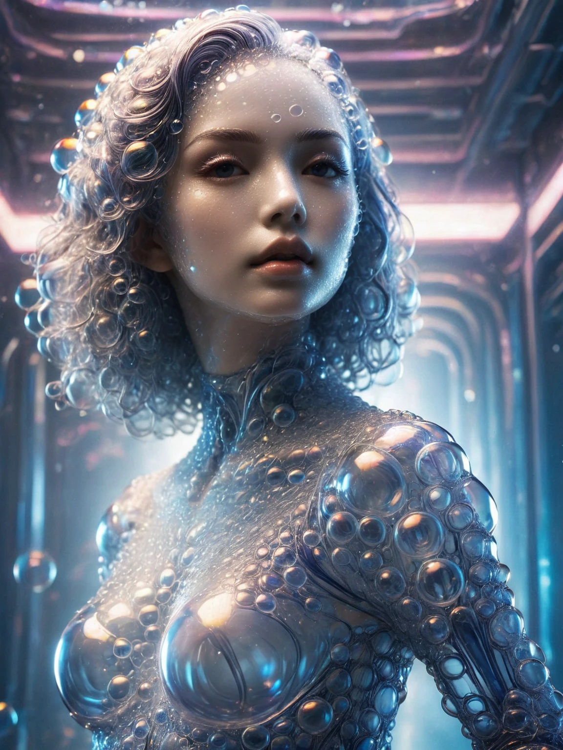 beautiful slim and petite girl, seductive rectangular [asian:0.5] face, glossy lips, parted lips,  [hair in the style of lucy \(cyberpunk\):dark blue bob cut hair:0.5], tight hightech bodysuit, attractive, submissive, lustful, inviting, dramatic vibrant atmospheric lighting space background, gorgeous, epic, surreal, <lora:Bubbles_sdxl:0.9> made_of_bubbles