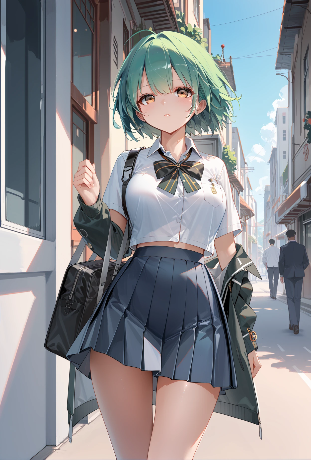 score_9, score_8_up, score_7_up,
 admiral nakhimov (azur lane), 1girl, green hair,yellow eyes, 
middle eastern architecture, street, 
school uniform, <lora:NakhimovXLPony:0.7>