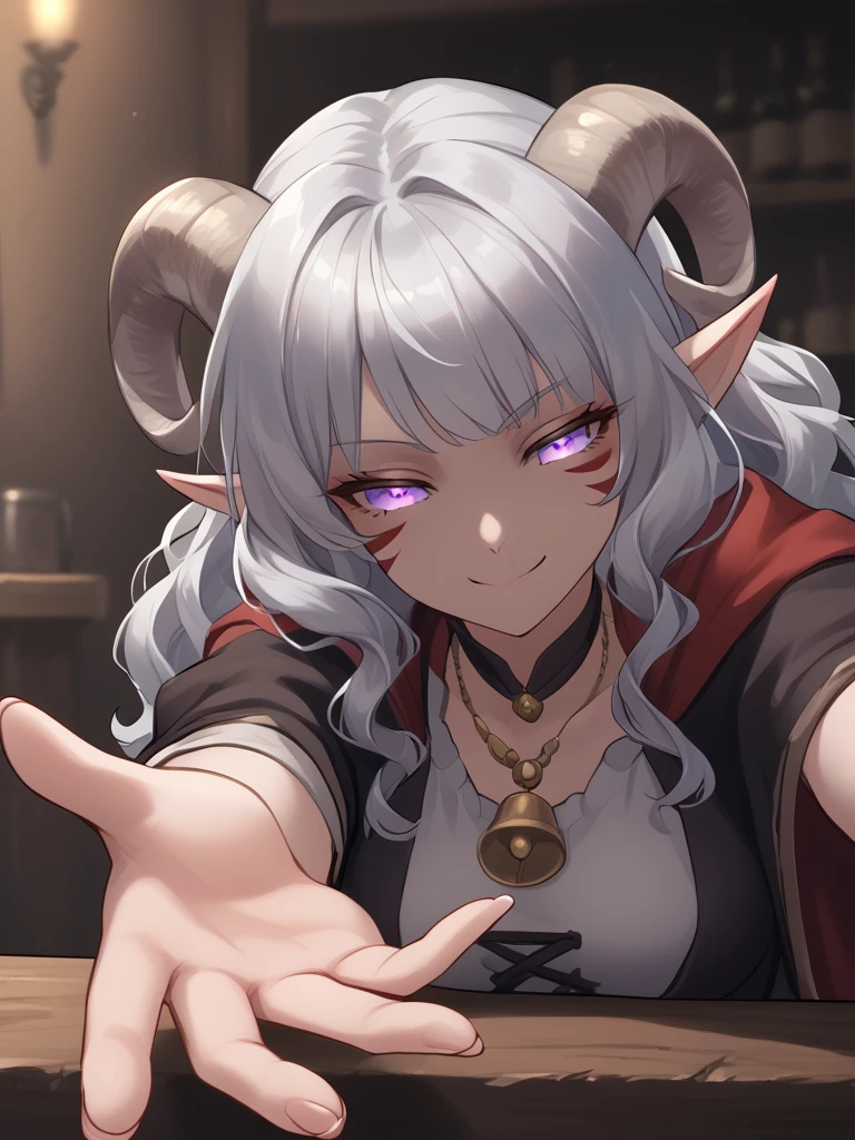 source_furry, score_7_up, rating_safe, cowboy shot, close up, source_anime,anime face,<lora:whisker_markings:0.8>red whisker_markings, silver long wavy hair, tavern, bell necklace, short pointy ears, purple eyes, <lora:age_slider_v4:0.6>
<lora:Tieflingnew weird fantasyDND:0.3><lora:Smooth Style 2 SDXL_LoRA_Pony Diffusion V6 XL:0.3> smile, open eyes, shadow,  magic aura on hand glowing pink:1.4, outstretched hand, 
<lora:Test_Diana:0.6> tiefling_bard_diana, <lora:INKxXmo shaded face:1> Shaded Face:1.2,INKxXmo Dark Theme,