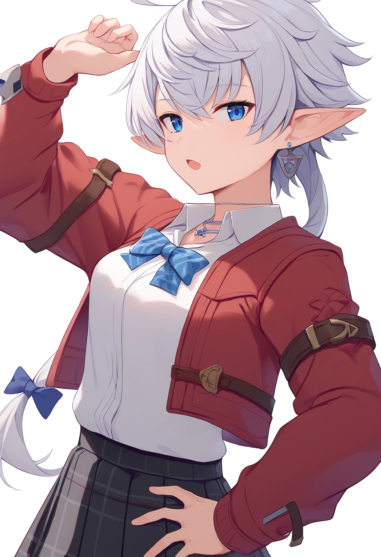 1girl,
alisaie leveilleur,
elezen, plaid skirt, low ponytail, solo, hair bow, necklace, black skirt, striped, short sleeves, pleated skirt, open mouth, pointy ears, jewelry, plaid, :o, shirt, hand on own hip, white shirt, long hair, ahoge, elf, looking at viewer, simple background, long sleeves, skirt, cowboy shot, blue bow, striped bow, hand up, blue eyes, bow, collared shirt, red jacket, white background, jacket, earrings,
score_9, sfw
<lora:pony_char_alisaie_leveilleur-000008:1>
