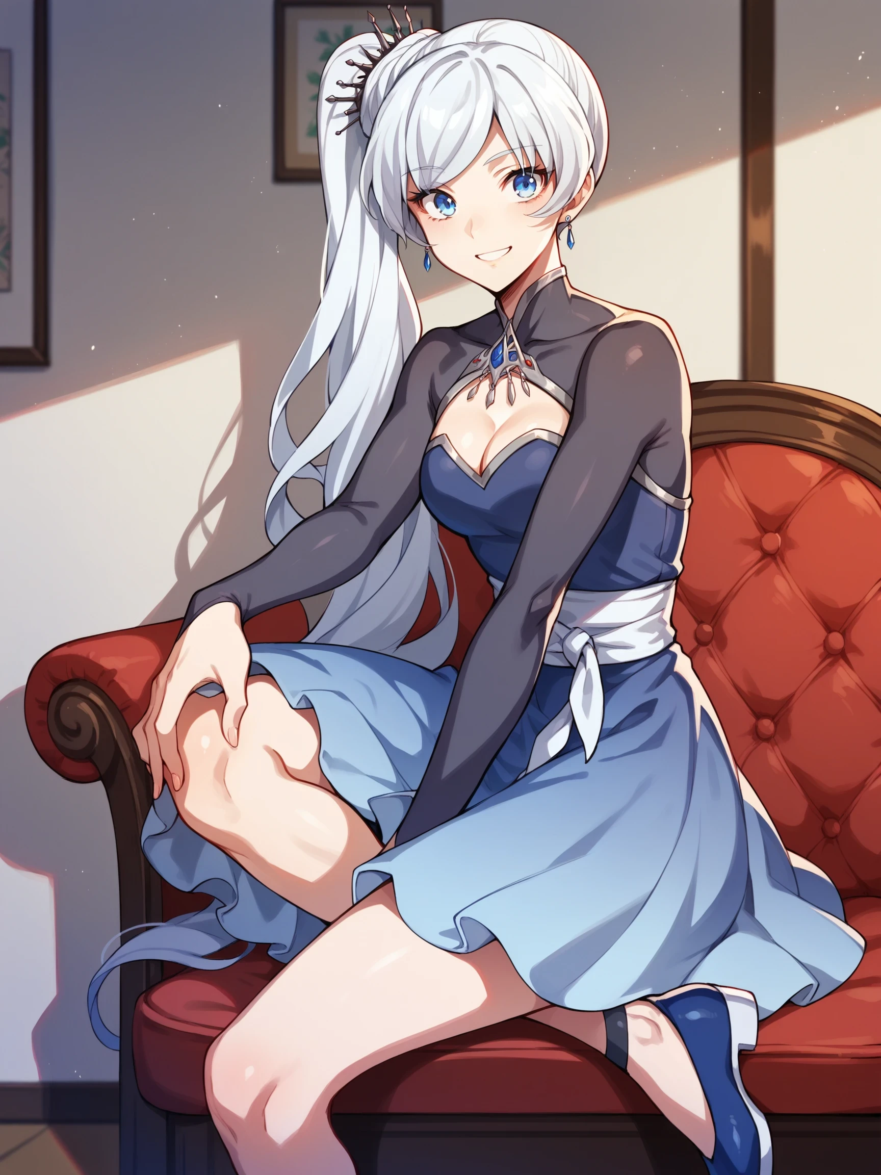 smile, indoors, WeissSchnee, 1girl, white hair, blue eyes, long hair, side ponytail, scar across eye, score_9, score_8_up, score_7_up, source_anime, Masterpiece,

, WeissVol4Huntress, jewelry, earrings, dress, cleavage cutout, shoes