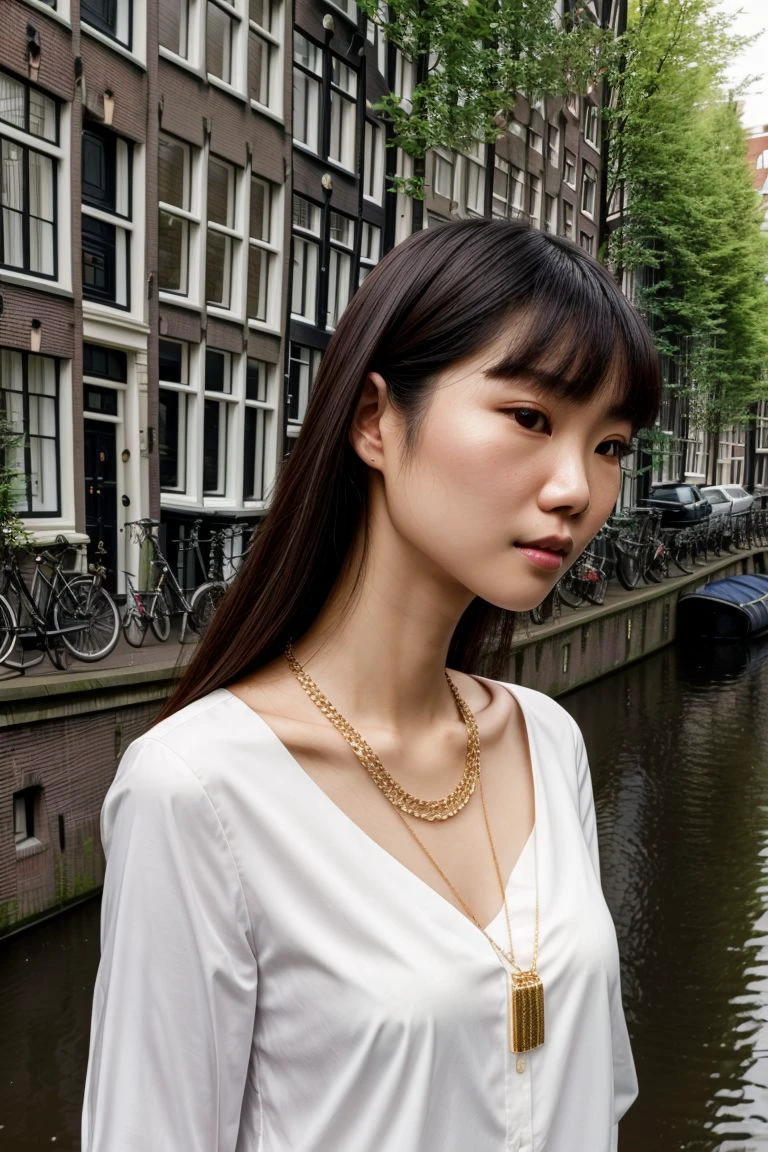 European woman, closeup, (shirt), pants, (amsterdam canals), gold necklace , ZM_berta, wide shoulders, perfect face, (contact iris: 1.1), pale skin, skin pores , depth of field