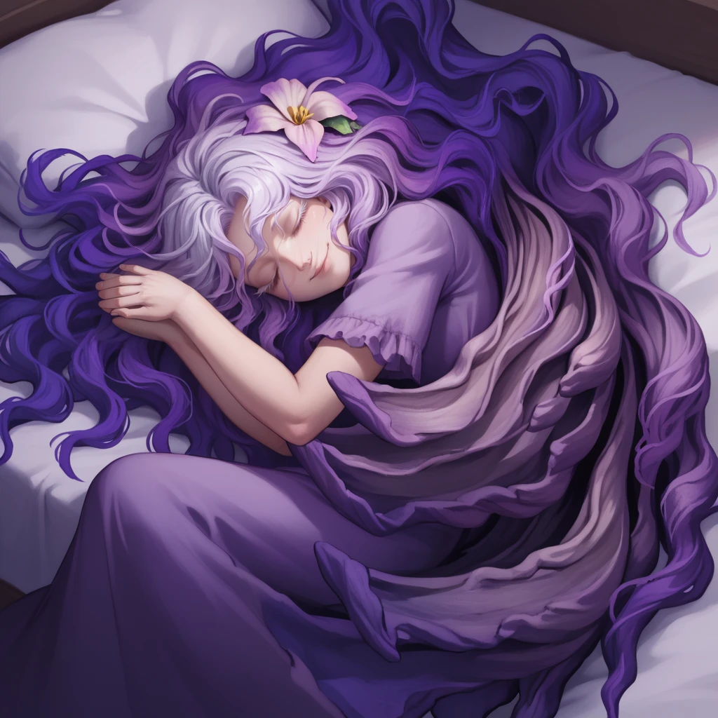 1girl,solo,<lora:St Trina:1>,from above,st. trina,purple pajamas,nightcap,dryad,purple tree,monster girl,white hair,purple hair,multicolored hair,wavy hair,white eyelashes,closed eyes,smile,root leg,flower,flower in hair,
looking at viewer,bed,on bed,sleeping,sprawled,indoors,night,, score_9, score_8_up, score_7_up,masterpiece, best quality, very aesthetic, absurdres,