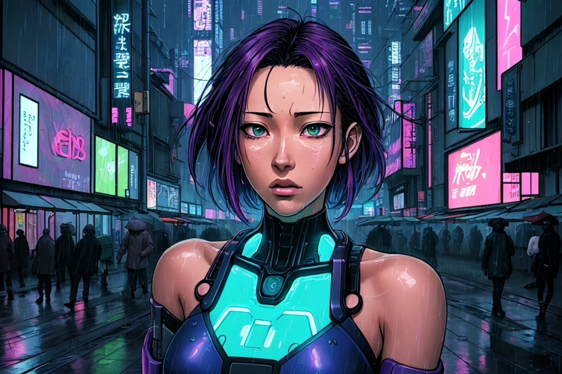 Anime, 1girl, solo focus, close-up shot, head-and-shoulders, woman cyborg, dyed hair, eclectic style, outdoors, rain, art by Naoki Urasawa, street photography, cyberpunk, vaporwave, futuristic city, neon lights <lora:OttoZone_v2:1>