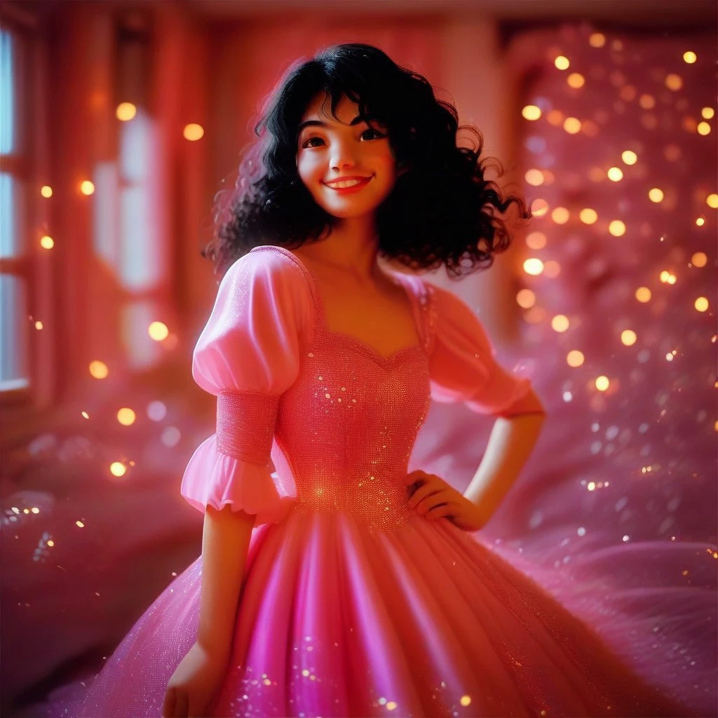 score_9,score_8_up,score_7_up,score_6_up,score_5_up,score_4_up, 1girl, solo, dress, pink dress, hand on hip, smile, short hair, wavy hair, black hair, indoors