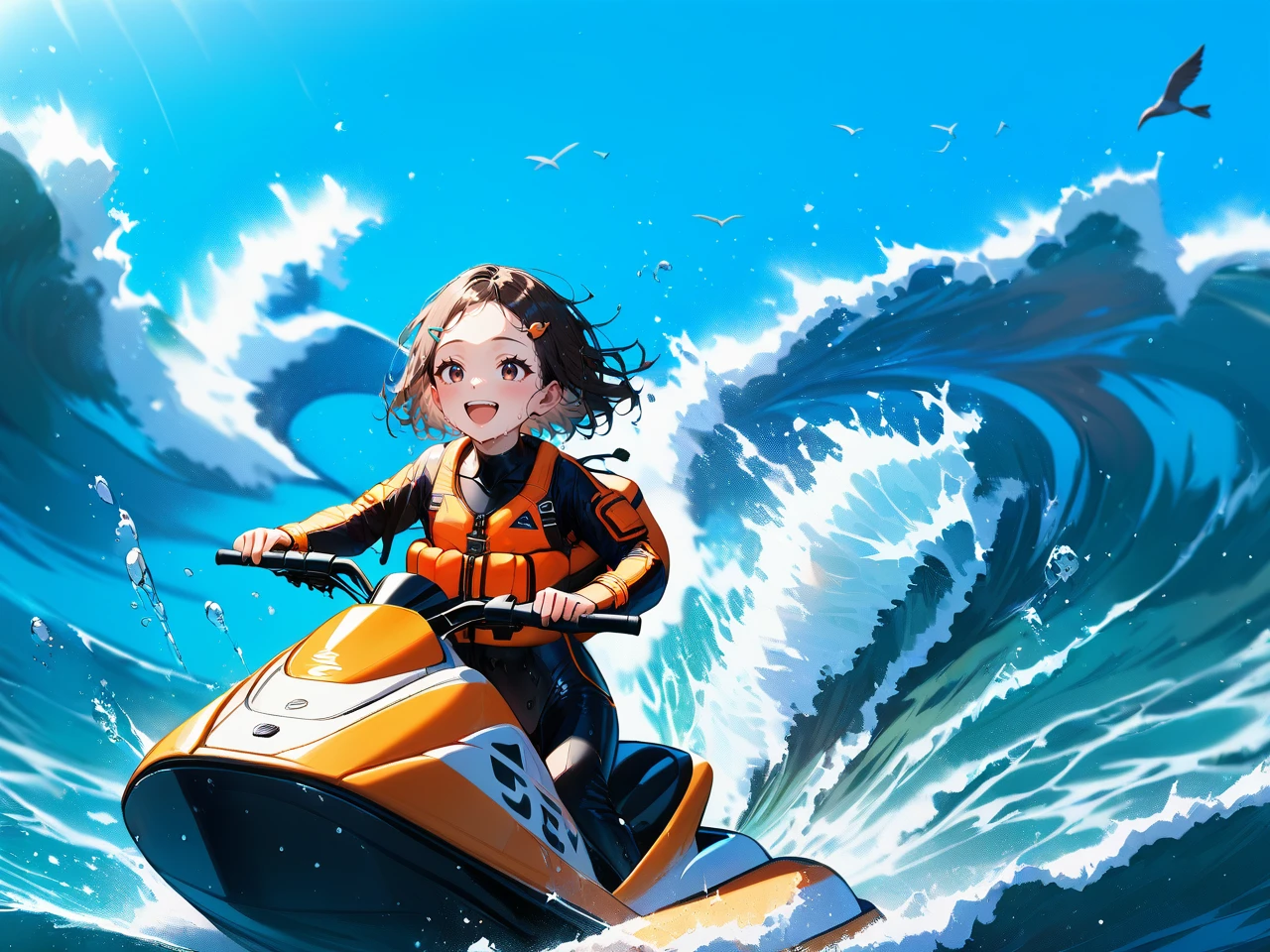 score_9, score_8_up, score_7_up, source_anime, best quality, perfect anatomy , very aesthetic , absurdres ,
1girl, young girl, skinny, very short brown hair, small breast, hair clip on front hair, forehead, solo,
black diving suit long pants and long sleeve, life jacket, happy, enjoying, wet, 
(mas jetski), riding blue and black jetski, sea, wave, water splash, summer, birds, 
rating_safe, 
 <lora:jetski_3x3x3mixxlv2_2_sdxl:1>,