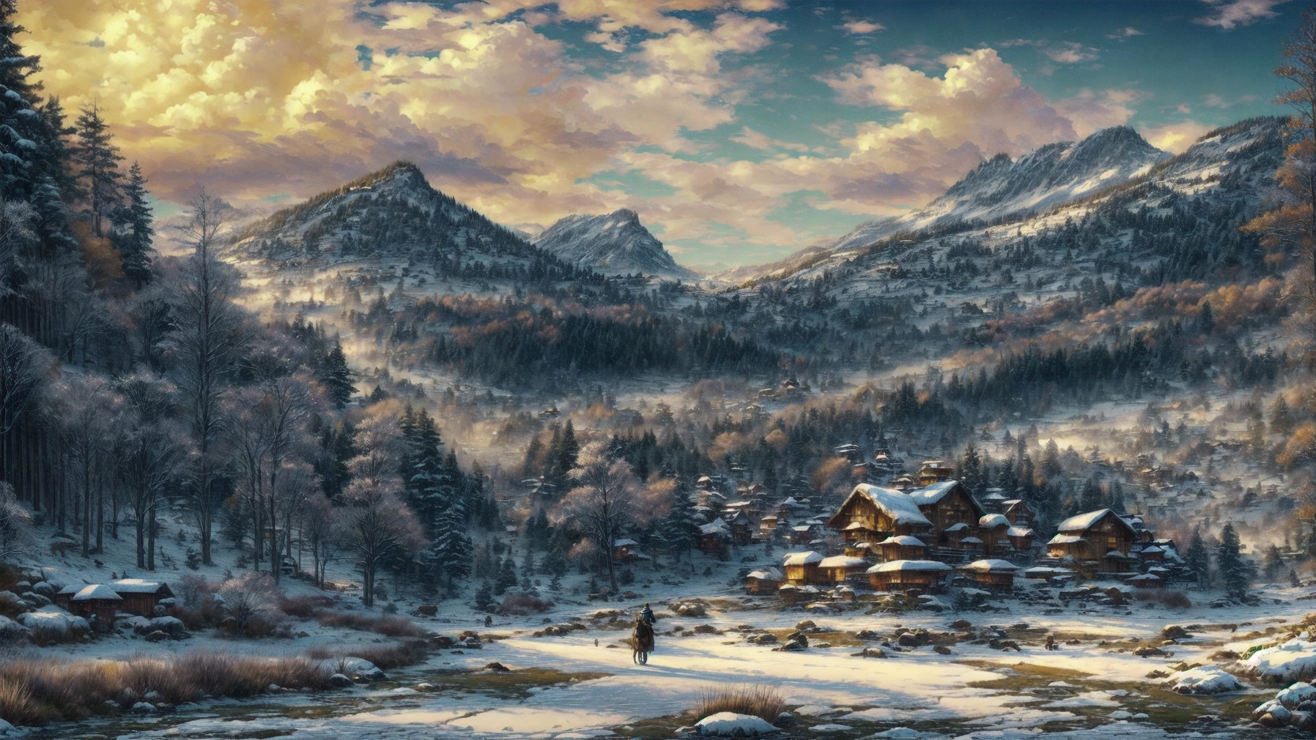 Role-playing game (RPG) style fantasy (an outdoor landscape shot of snow-covered hills: 1.1), (in a winter setting: 1.1), (in a visual novel style: 1.1), <lora:fantasybgv1:0.8>, fantasybg, no humans, very detailed, <lora:more_details:0.6>, high quality, highres, masterpiece, best quality, 8k, intricate, detailed, <lora:add_detail:0.6> . Detailed, vibrant, immersive, reminiscent of high fantasy RPG games