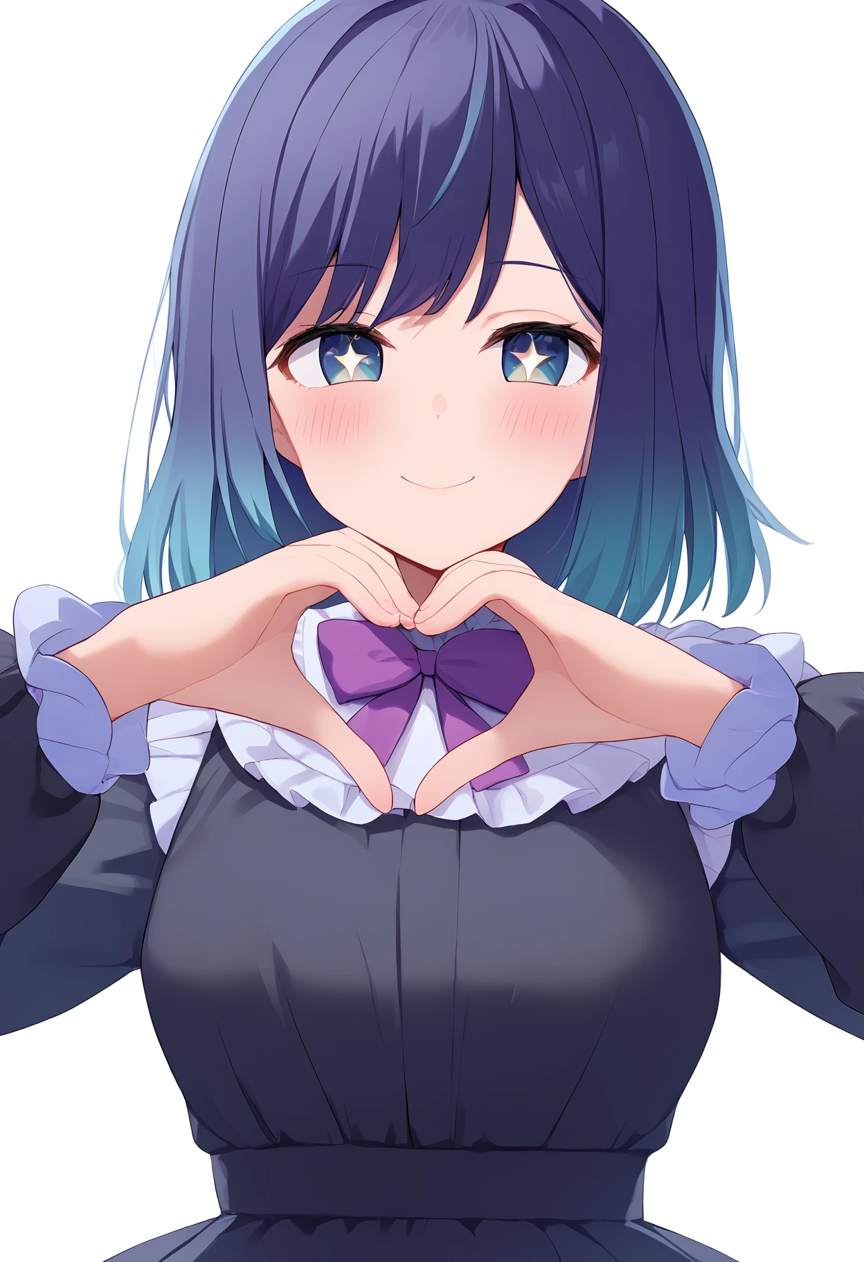1girl, 
kurokawa akane,  
looking at viewer, dress, bow, upper body, sleeves past wrists, multicolored hair, heart, long sleeves, heart hands, closed mouth, blush, gradient hair, simple background, medium hair, purple bow, frilled sleeves, purple bowtie, frilled collar, bowtie, black dress, smile, blue hair, white background, collar, frilled dress, frills, collared dress, hands up, star \(symbol\), blue eyes, symbol-shaped pupils, solo, star-shaped pupils, sparkle, 
score_9,  sfw
 <lora:pony_char_kurokawa_akane-000010:1>