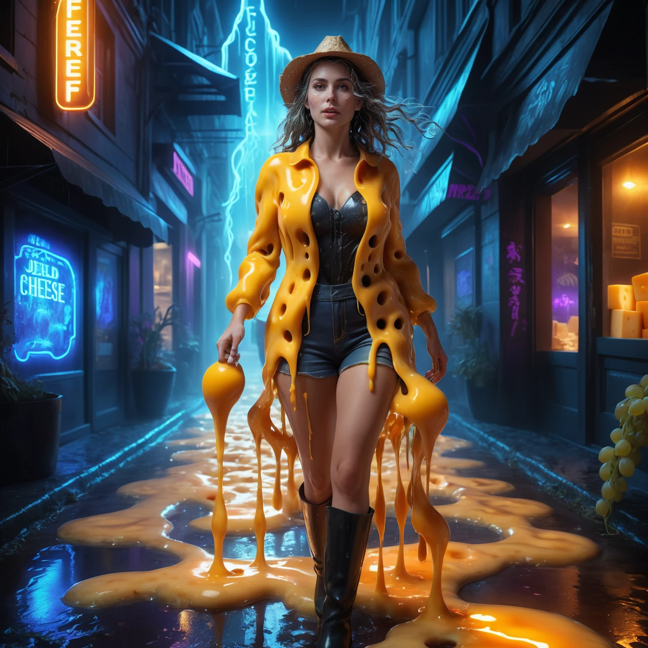 Jed-Drpgcese, walking in a city, masterpiece, full of details <lora:DrippingCheeseStyle-000006:0.8>, dark 3D Rendering, Techno (Female Farmer:1.2) , French crop hair, in focus, Neon Light, Offset print, ethereal magical atmosphere, located artistic, dynamic dramatic composition, beautiful detailed, highly detailed, action, highly decorated, flowing, quality, imposing, unique, fantastic aesthetic