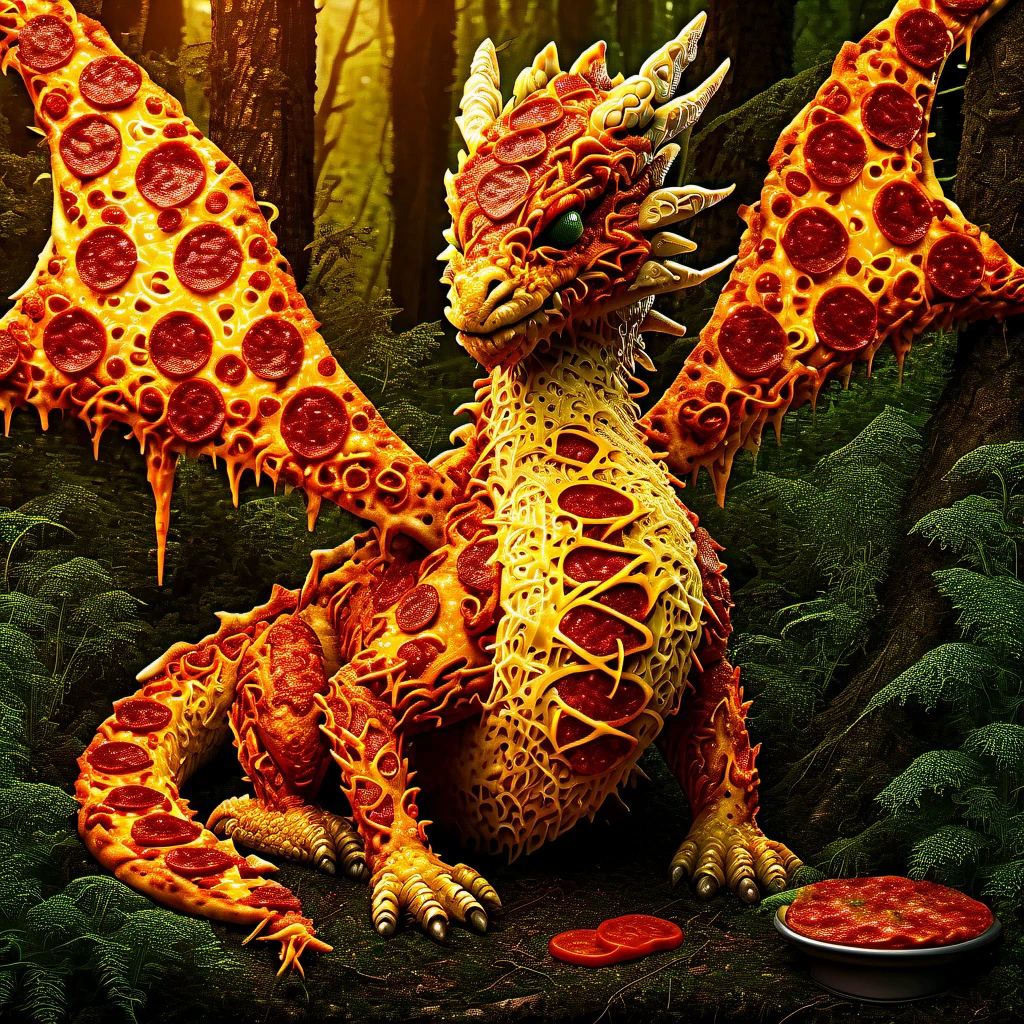 <lora:Pizza_World_Morph_SDXL:1> pizzasdxl, fantasy dragon in a forest, realistic,