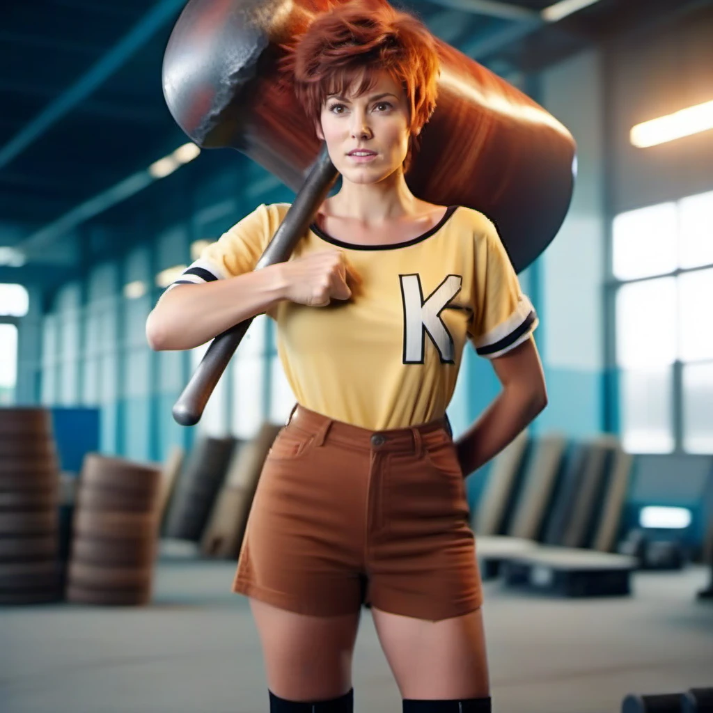 cinematic photo 1girl with brown pixie haircut, large breast, holds a giant hammer  <lora:KaoriMakimura1024:0.8> . 35mm photograph, film, bokeh, professional, 4k, highly detailed