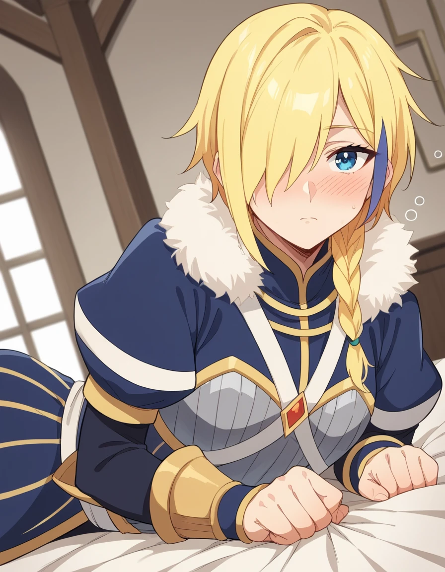 score_9, score_8_up, score_7_up, source_anime, <lora:konosuba-claire-s3-ponyxl-lora-nochekaiser:1>, claire, blue eyes, blonde hair, braid, multicolored hair, hair over one eye, single braid, armor, puffy sleeves, fur trim,, indoors, bed, bed room, on side, blush, drunk, looking at viewer, solo,, cowboy shot, dutch angle