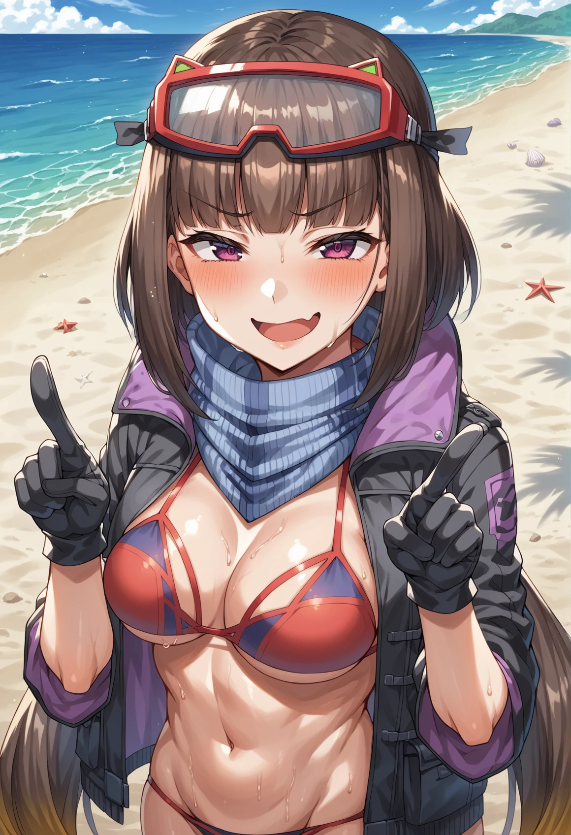 1girl, very long hair, multicolored hair, gradient hair, brown hair, blonde hair, purple eyes, low twintails, scarf, bikini, goggles on head, thigh holster, gloves, jacket, smug, smile, blushing, mesugaki, half-closed eyes, open mouth, looking at viewer, pointing at viewer, outdoors, beach, sweat, treepalm <lora:Osakabehime:1>, score_9, score_8_up, score_7_up, score_6_up, score_5_up, score_4_up, BREAK source_anime, masterpiece