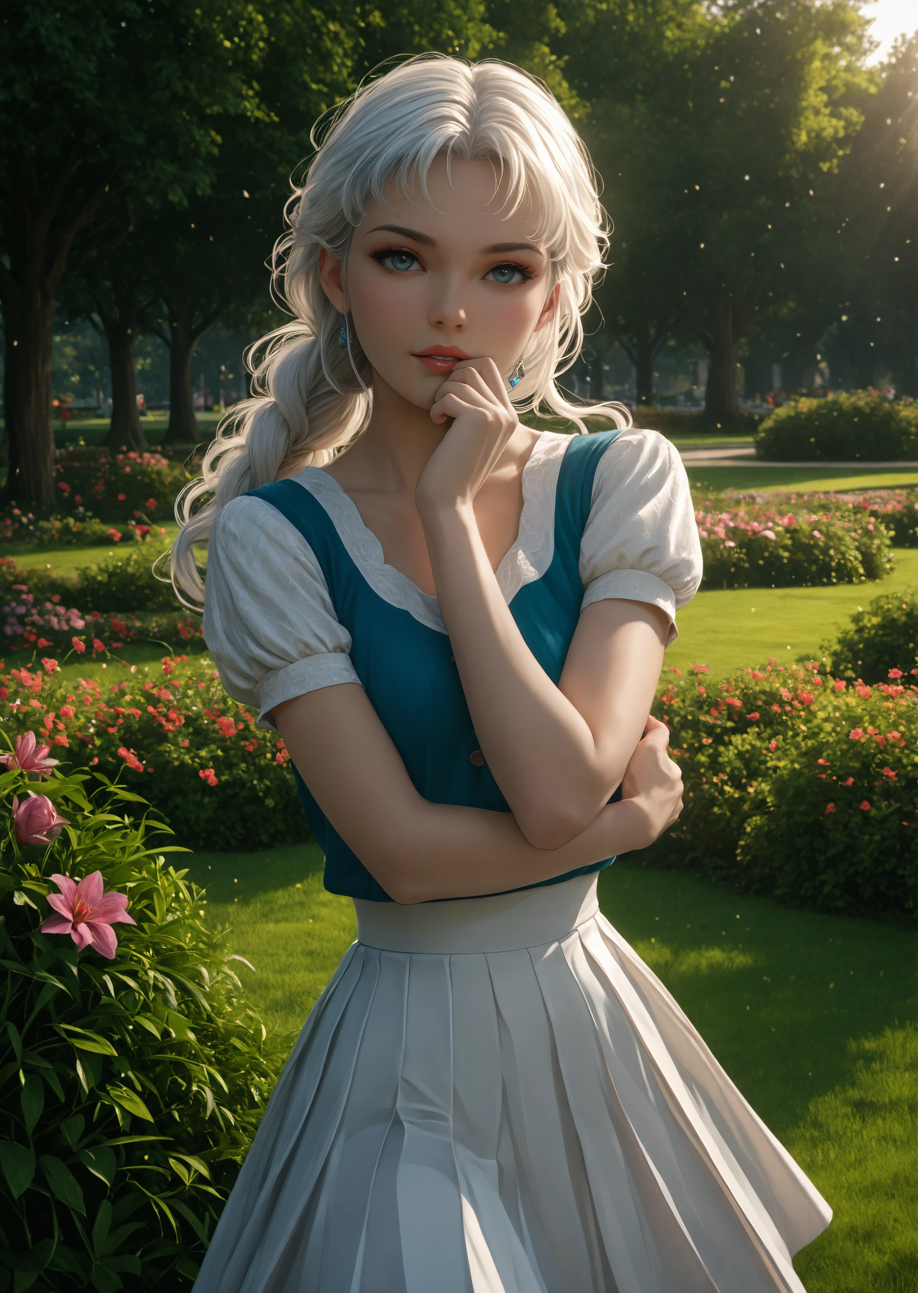 Score_9, score_8_up, score_7_up, score_6
(3D, realistic)
(high-resolution, detailed texture, atmosphere)
(award winning, stunning, masterpiece, best quality, flowers:1.2, swirls:1.2, chiaroscuro, vibrant, colorful, absurdres)
1girl, outdoors, park, grass, sunlight, hand to own mouth, one hand up, looking at viewer, white pleated skirt, multicolored eyes, pantyhose, solo, white hair, white pantyhose
(natural light, light particles:1.2) (detailed image, high resolution, 5k resolution)
 <lora:3D_Demon_Grillz:1.4>