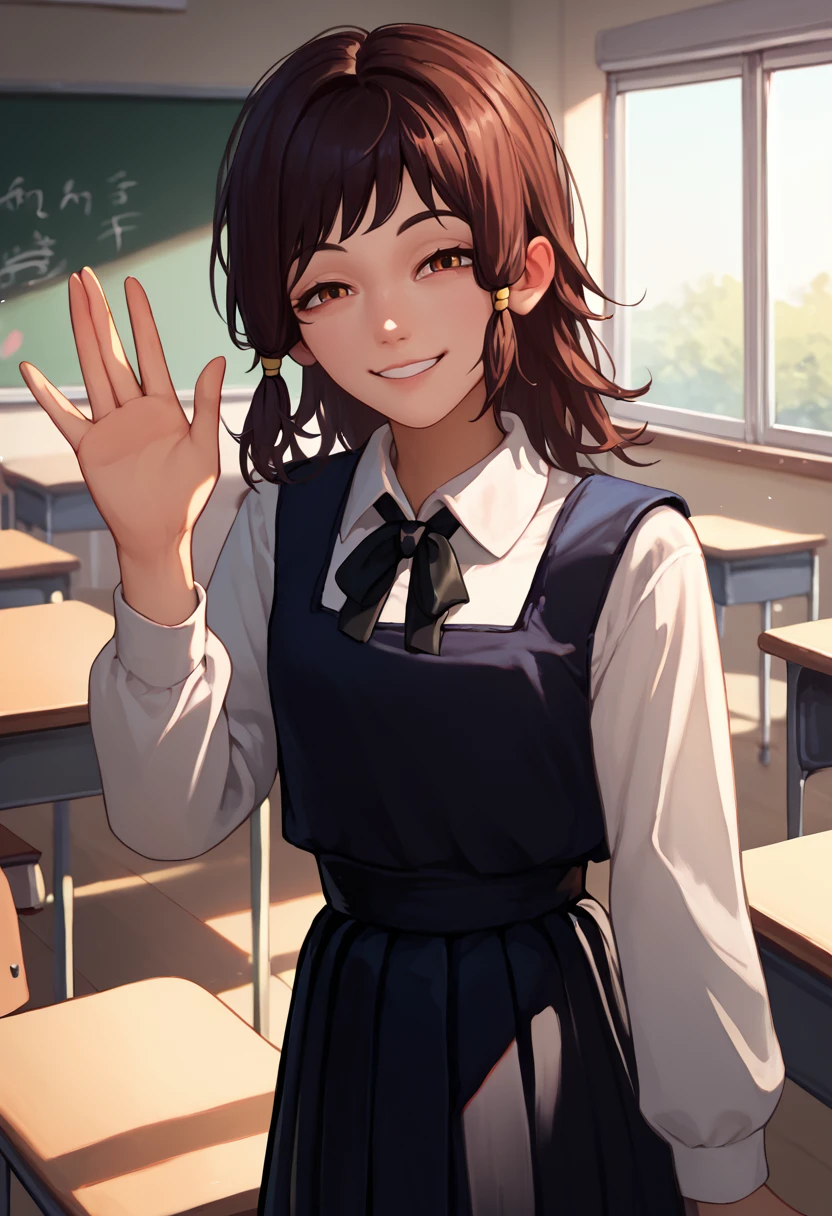 score_9, score_8_up, score_7_up, solo, 1girl, mifune fumiko, smile, looking at viewer, waving, hair tubes, school uniform, black dress, pinafore dress, sleeveless dress, white shirt, black ribbon, neck ribbon, long sleeves, indoors, classroom <lora:csm_mifune_ponyXL:1>