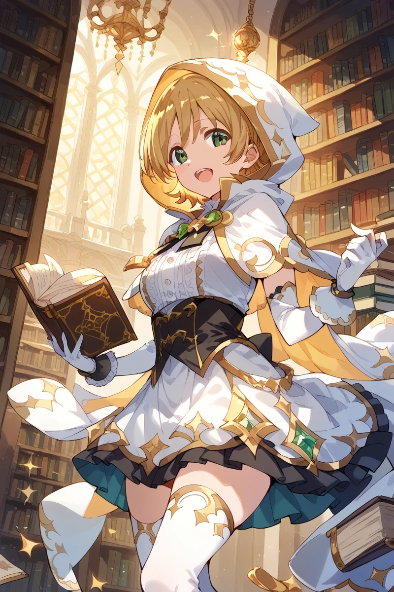 score_9, score_8_up, score_7_up, score_6_up, 1girl,
 <lora:Nana_Daiba:0.9> nana, green eyes, blonde hair, solo, gloves, book, thighhighs, short hair, white hood, white gloves, bookshelf, elbow gloves, white thighhighs, skirt, looking at viewer, open mouth, white clothes, gold ornament,