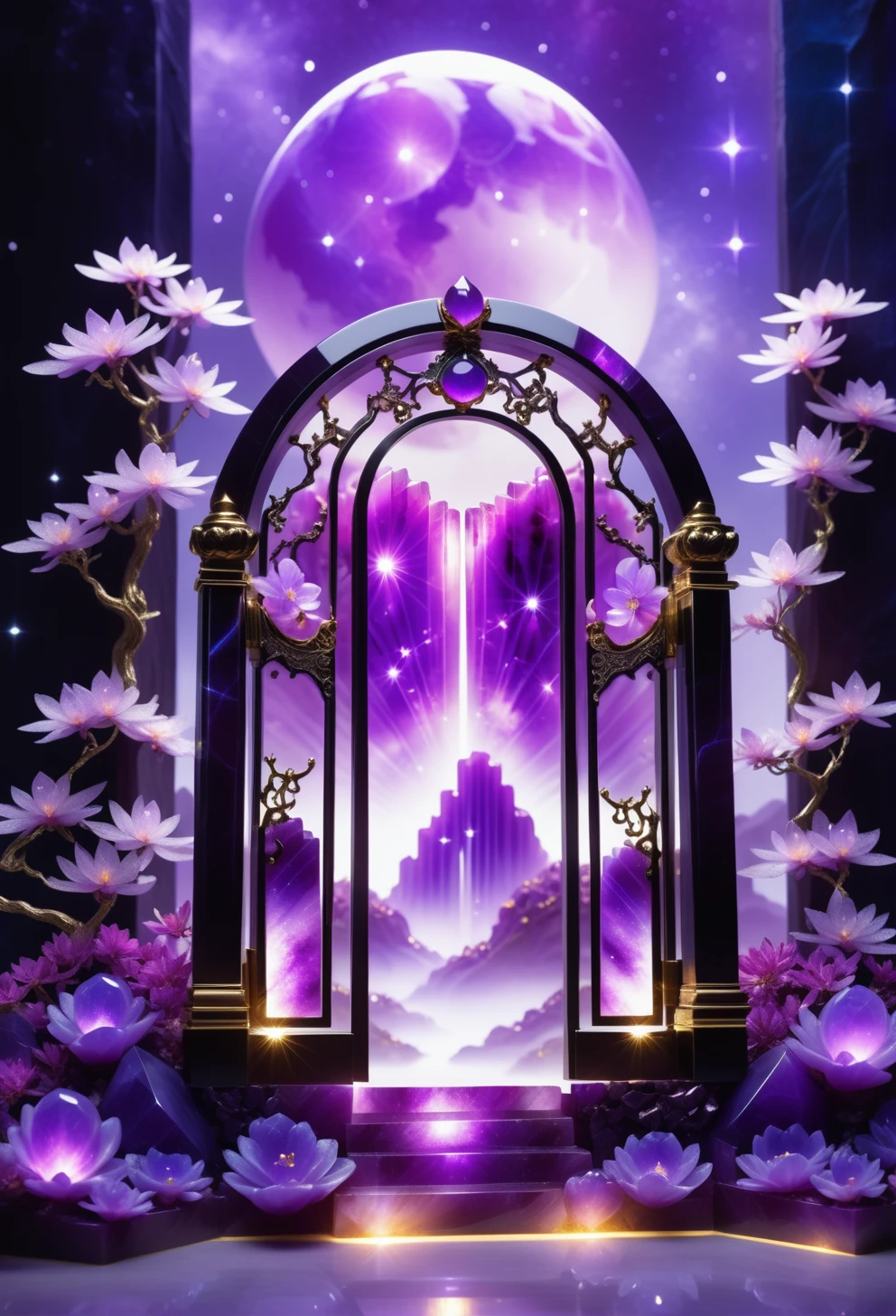 stardust, a fantasy landscape, a crystal gate made out of reij-prplmnjd <lora:purplemoonjade-000004:1>, surrounded by flowers