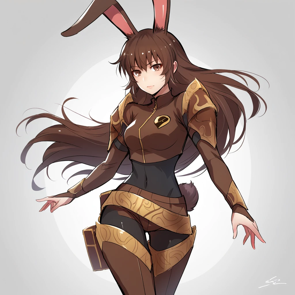 score_9, score_8_up, score_7_up, score_6_up, score_5_up, score_4_up, zPDXL2,1girl, solo, cowboy shot,  <lora:Velvet_Scarlatina_-_RWBY:0.8> velvet_rwby, rabbit ears, brown hair, rabbit tail, thighhigh boots, black body suit, brown armor