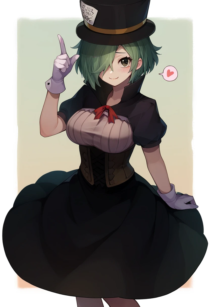 score_9, score_8_up, score_7_up, source_anime, <lora:hatter BS2pony:1>, hatterbs2, hatterbs2, 1girl, breasts, solo, hat, gloves, smile, white gloves, hair over one eye, top hat, green hair, large breasts, short hair, brown eyes, looking at viewer, black headwear, blush, dress, ribbon, short sleeves, closed mouth, black dress, corset, neck ribbon, red ribbon, heart, full body