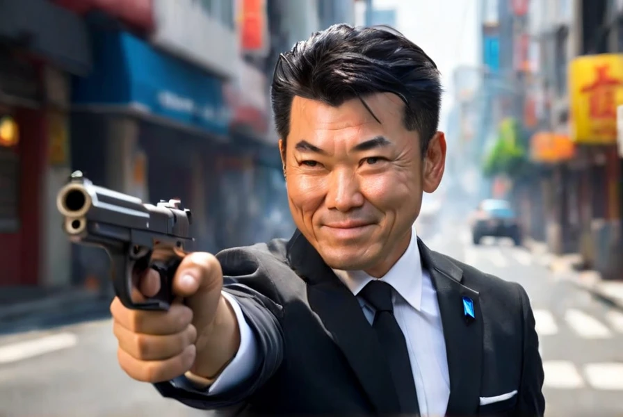 <lyco:Izumi_Kenta:1.0>, highly detailed professional 8k raw photography, best hyperrealistic quality backgrounds, volumetric real-time lighting and shadows, smile, middle aged man, asian, black hair, wearing  black suit and blue tie, white shirts under the black suit, Asian, (Izumi Kenta) holding hand gun by left hand, muzzle fire, close up, burning city streets background