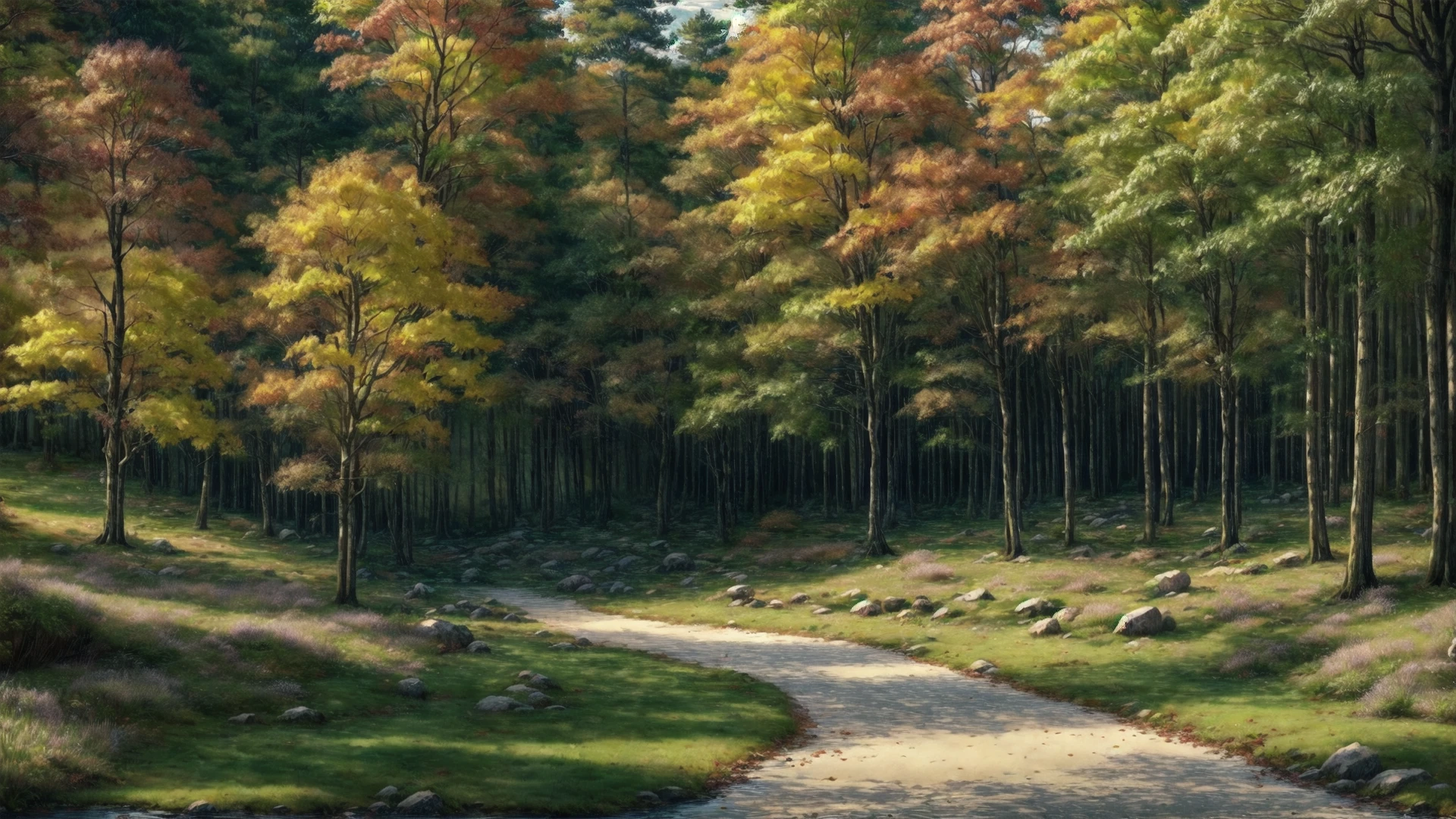 Role-playing game (RPG) style fantasy (an outdoor landscape shot of an autumnal forest: 1.1), (with many different colors of leaves: 1.1), (in a visual novel style: 1.1), <lora:fantasybgv1:0.8>, fantasybg, no humans, very detailed, <lora:more_details:0.6>, high quality, highres, masterpiece, best quality, 8k, intricate, detailed, <lora:add_detail:0.6> . Detailed, vibrant, immersive, reminiscent of high fantasy RPG games